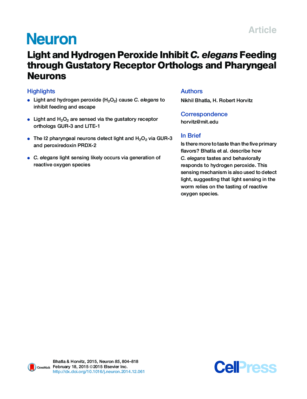 Light and Hydrogen Peroxide Inhibit C. elegans Feeding through Gustatory Receptor Orthologs and Pharyngeal Neurons