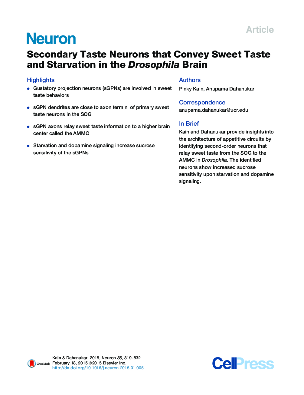 Secondary Taste Neurons that Convey Sweet Taste and Starvation in the Drosophila Brain