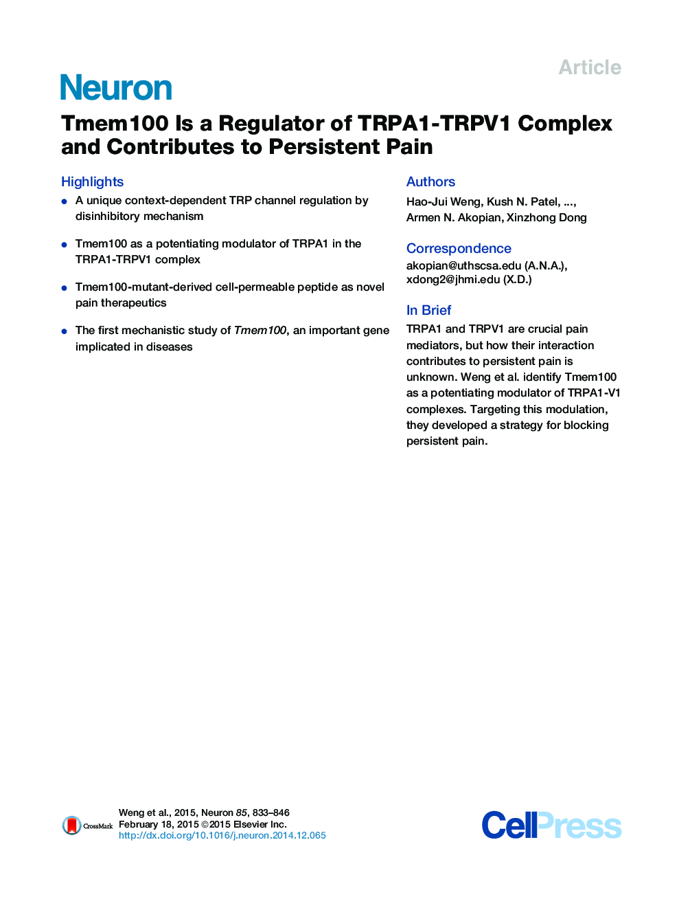 Tmem100 Is a Regulator of TRPA1-TRPV1 Complex and Contributes to Persistent Pain