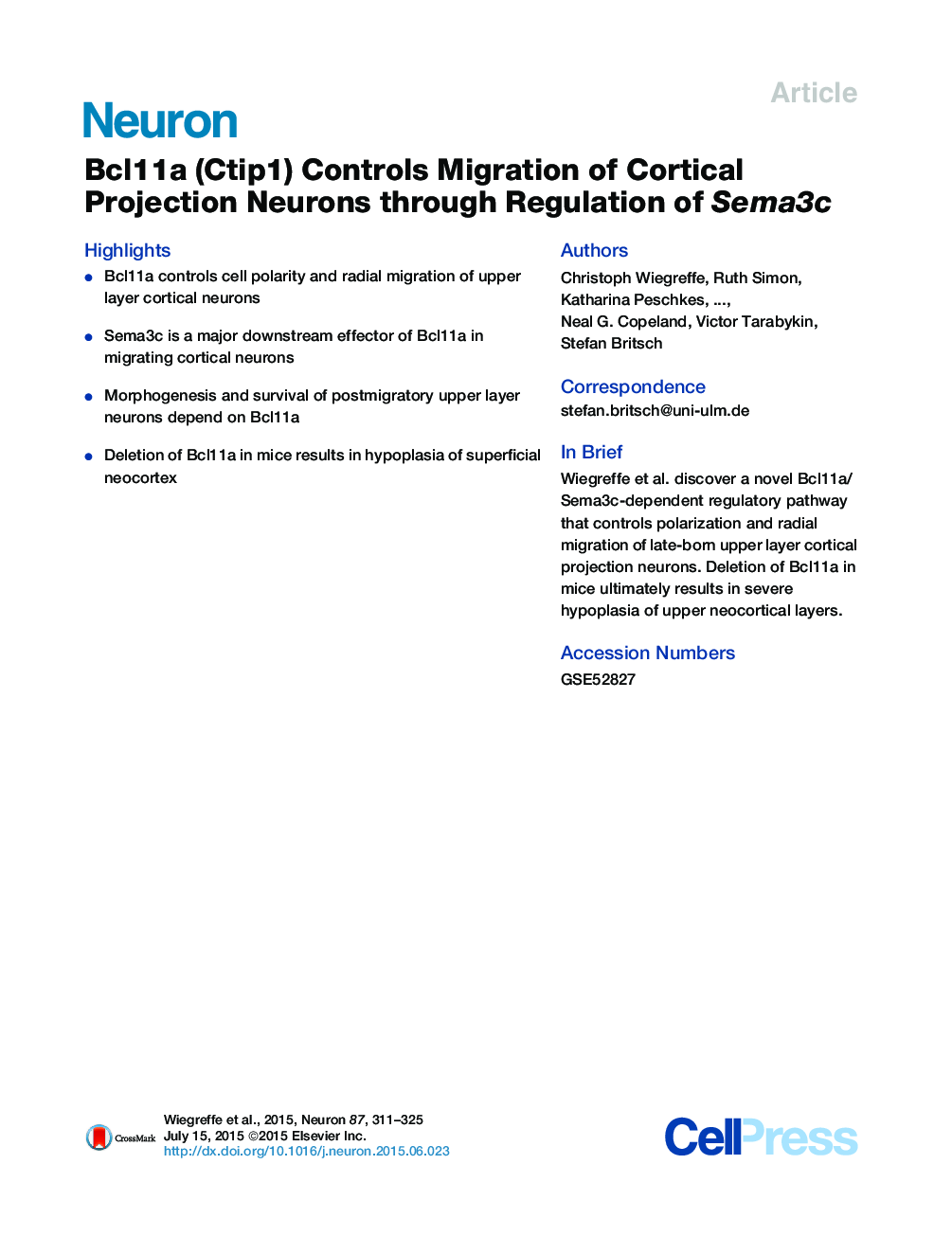 Bcl11a (Ctip1) Controls Migration of Cortical Projection Neurons through Regulation of Sema3c