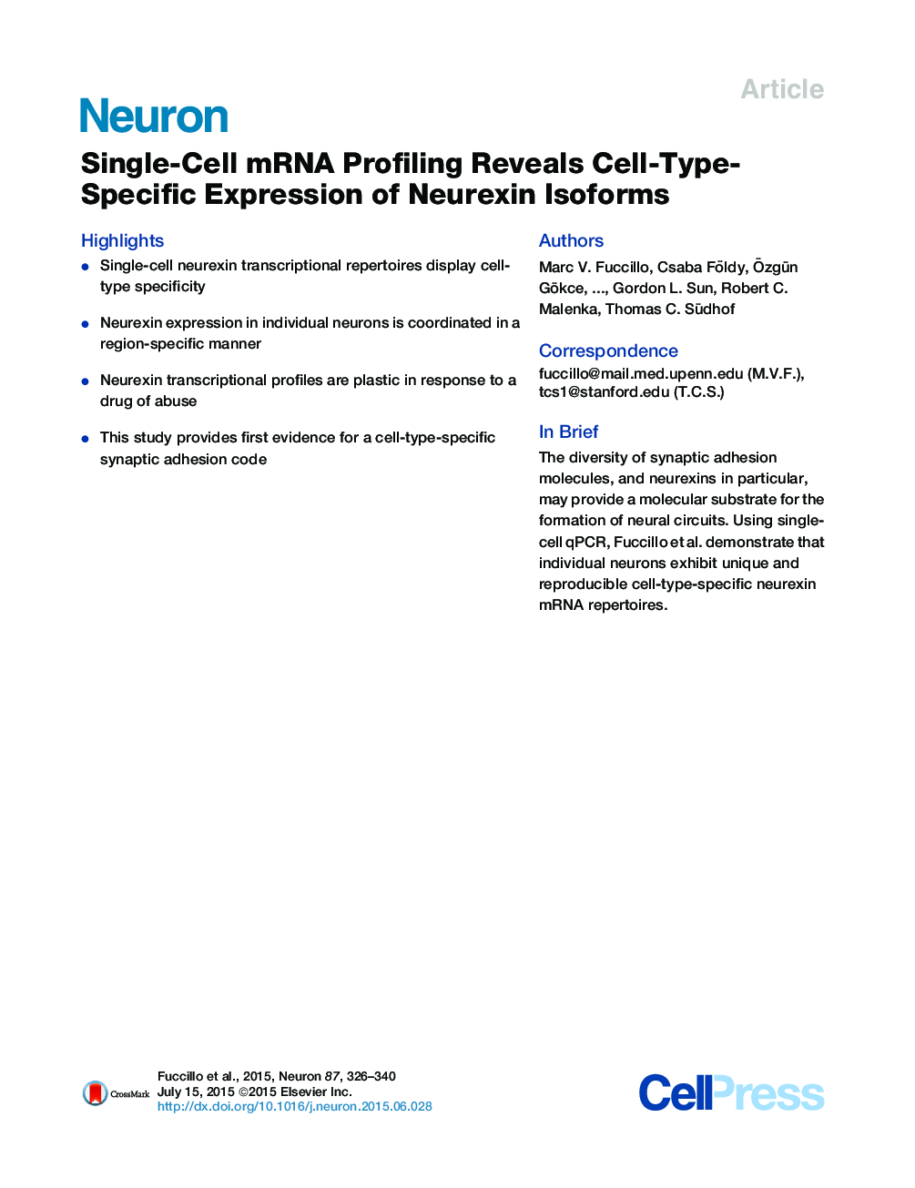 Single-Cell mRNA Profiling Reveals Cell-Type-Specific Expression of Neurexin Isoforms