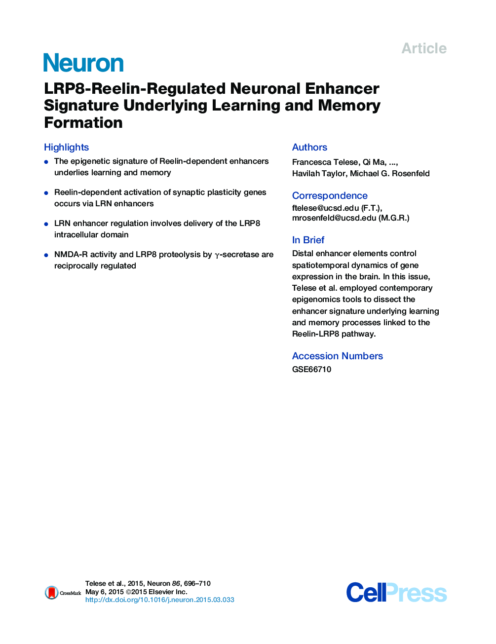 LRP8-Reelin-Regulated Neuronal Enhancer Signature Underlying Learning and Memory Formation