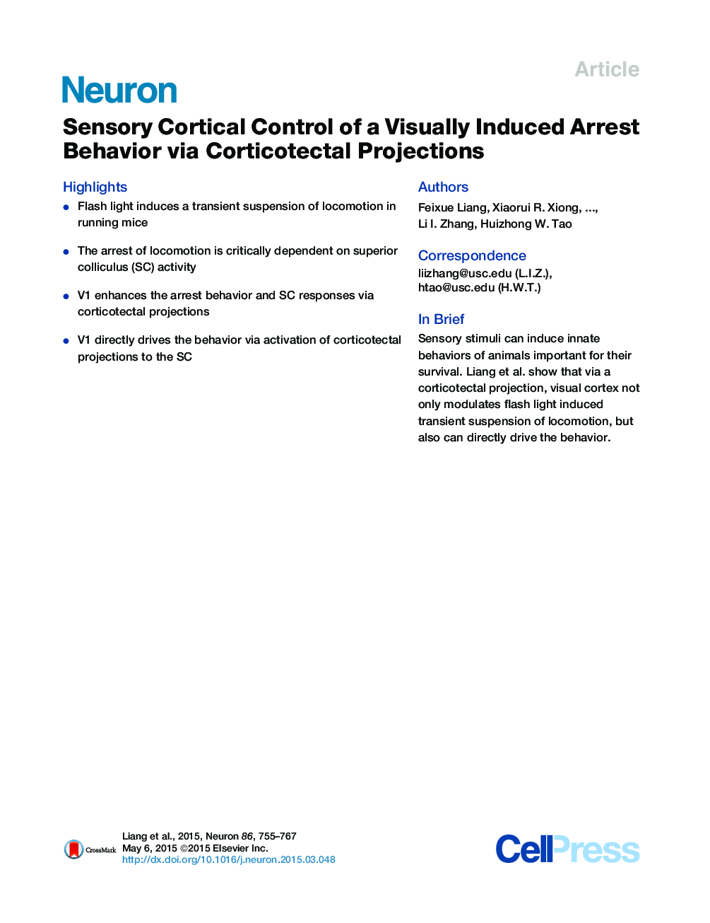 Sensory Cortical Control of a Visually Induced Arrest Behavior via Corticotectal Projections