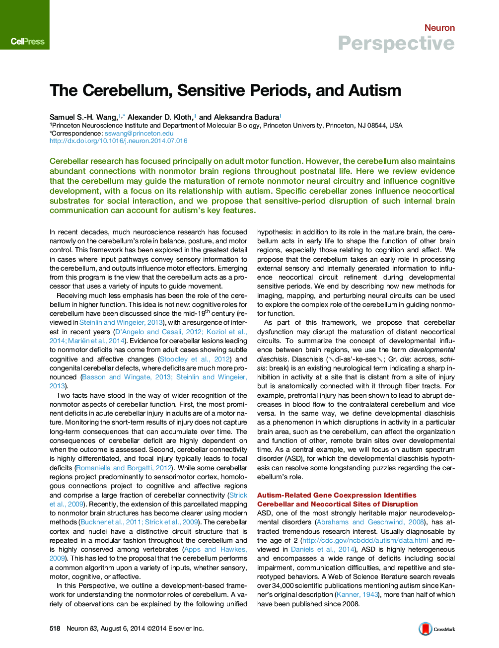 The Cerebellum, Sensitive Periods, and Autism