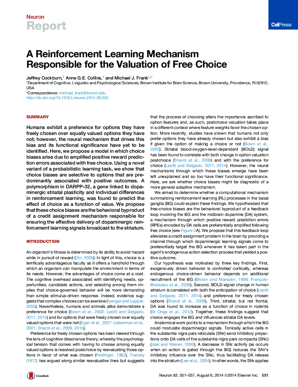 A Reinforcement Learning Mechanism Responsible for the Valuation of Free Choice