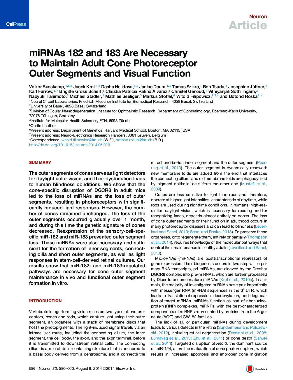 miRNAs 182 and 183 Are Necessary to Maintain Adult Cone Photoreceptor Outer Segments and Visual Function