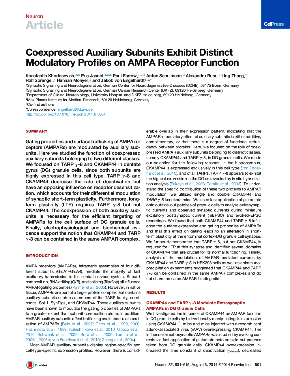 Coexpressed Auxiliary Subunits Exhibit Distinct Modulatory Profiles on AMPA Receptor Function