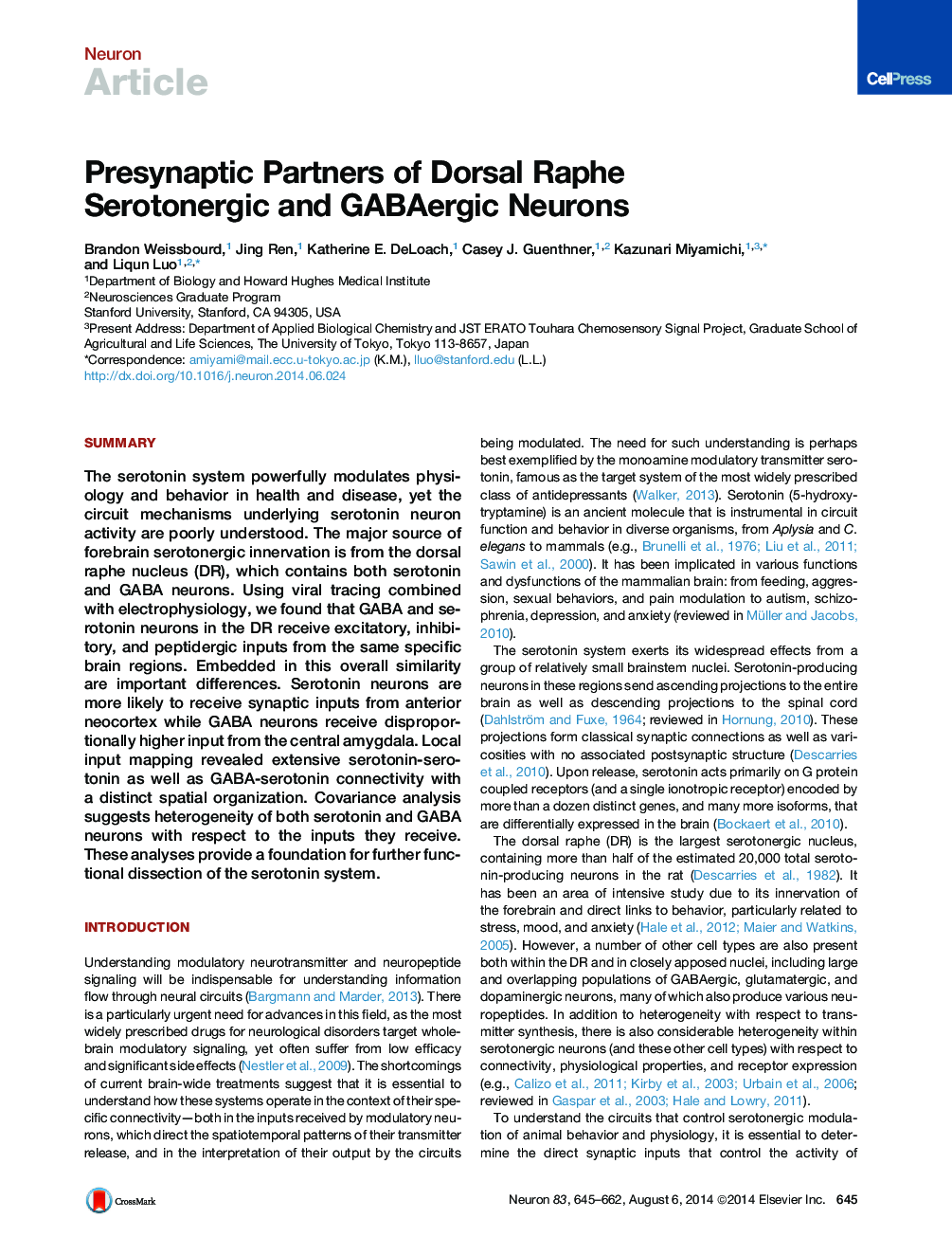 Presynaptic Partners of Dorsal Raphe Serotonergic and GABAergic Neurons