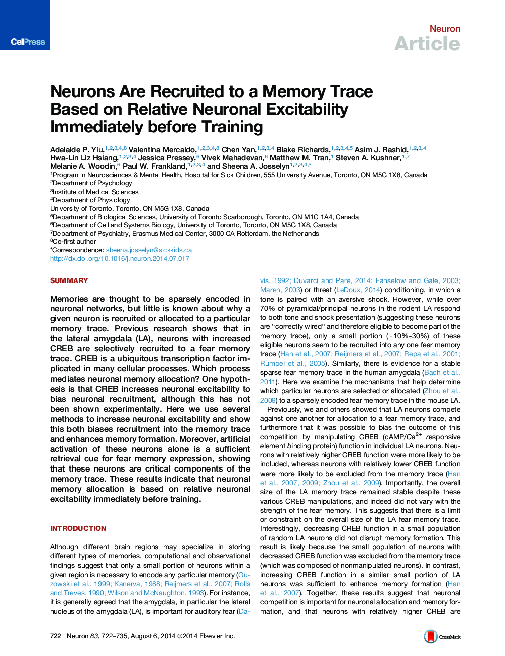 Neurons Are Recruited to a Memory Trace Based on Relative Neuronal Excitability Immediately before Training