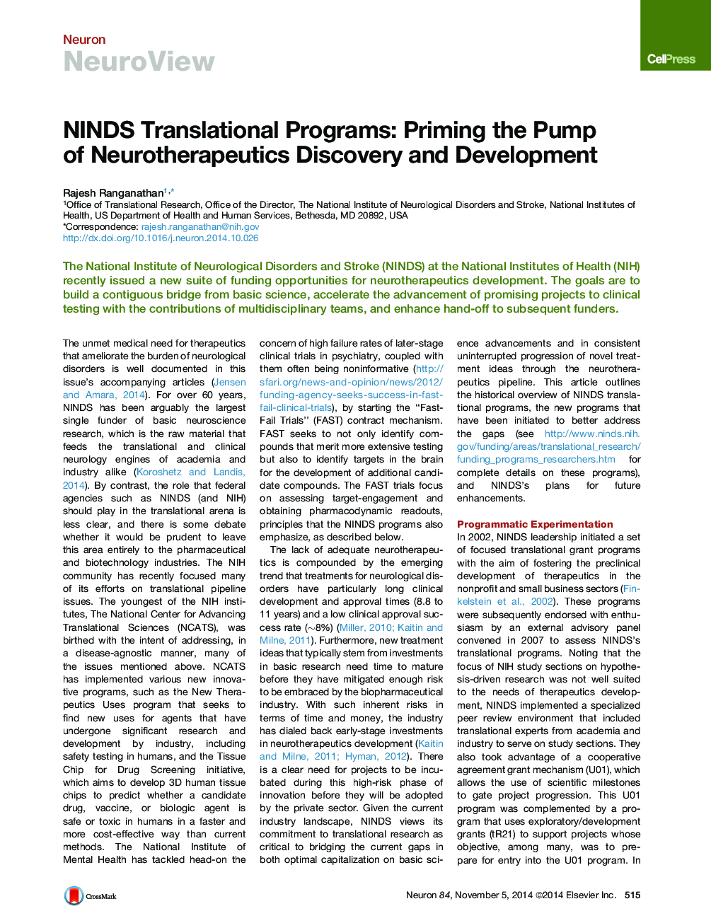 NINDS Translational Programs: Priming the Pump of Neurotherapeutics Discovery and Development