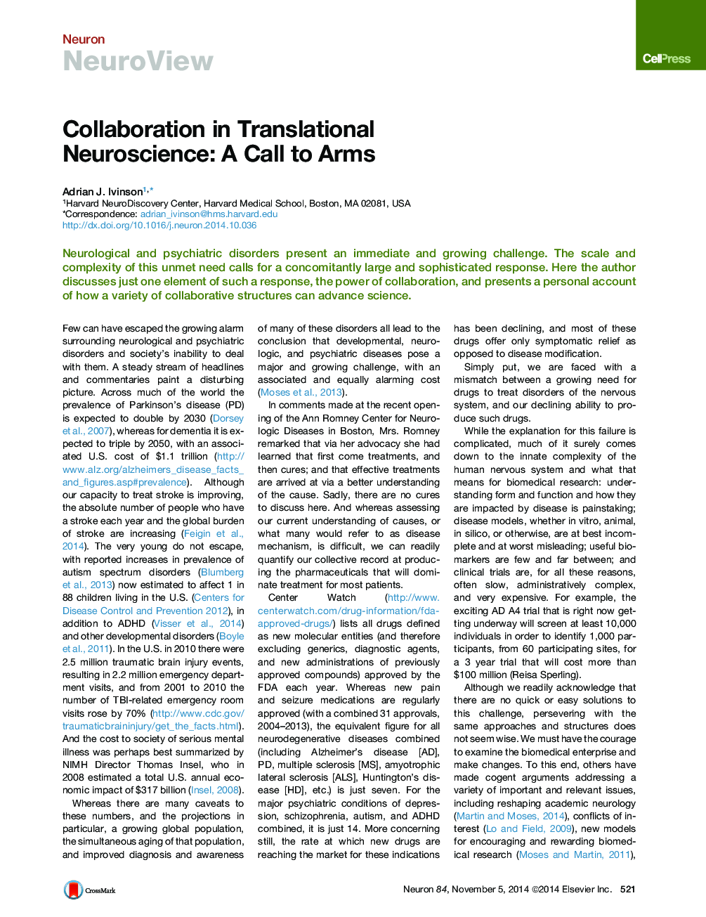 Collaboration in Translational Neuroscience: A Call to Arms