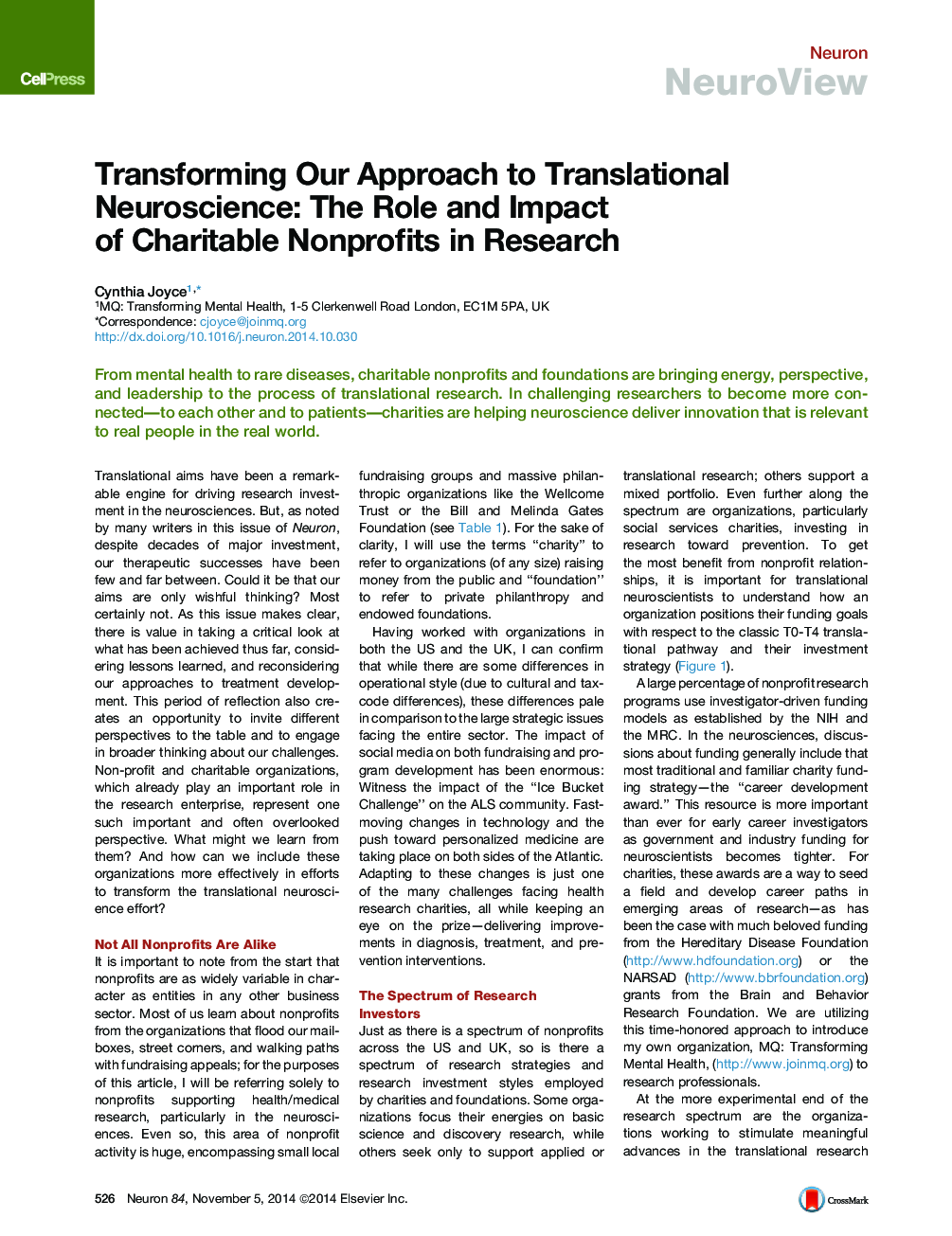 Transforming Our Approach to Translational Neuroscience: The Role and Impact of Charitable Nonprofits in Research