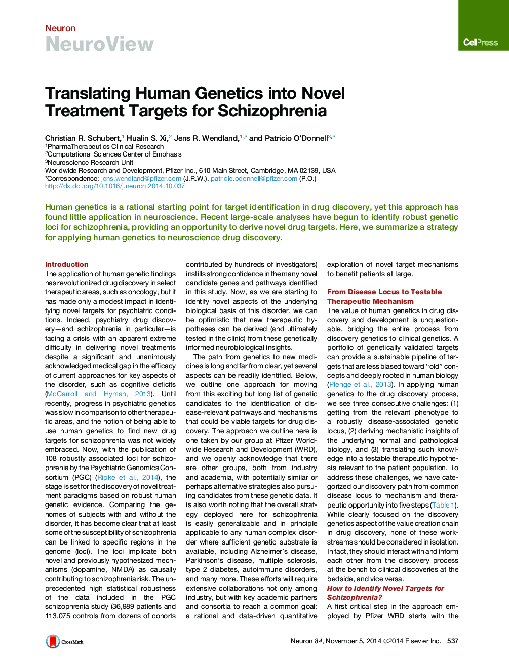 Translating Human Genetics into Novel Treatment Targets for Schizophrenia