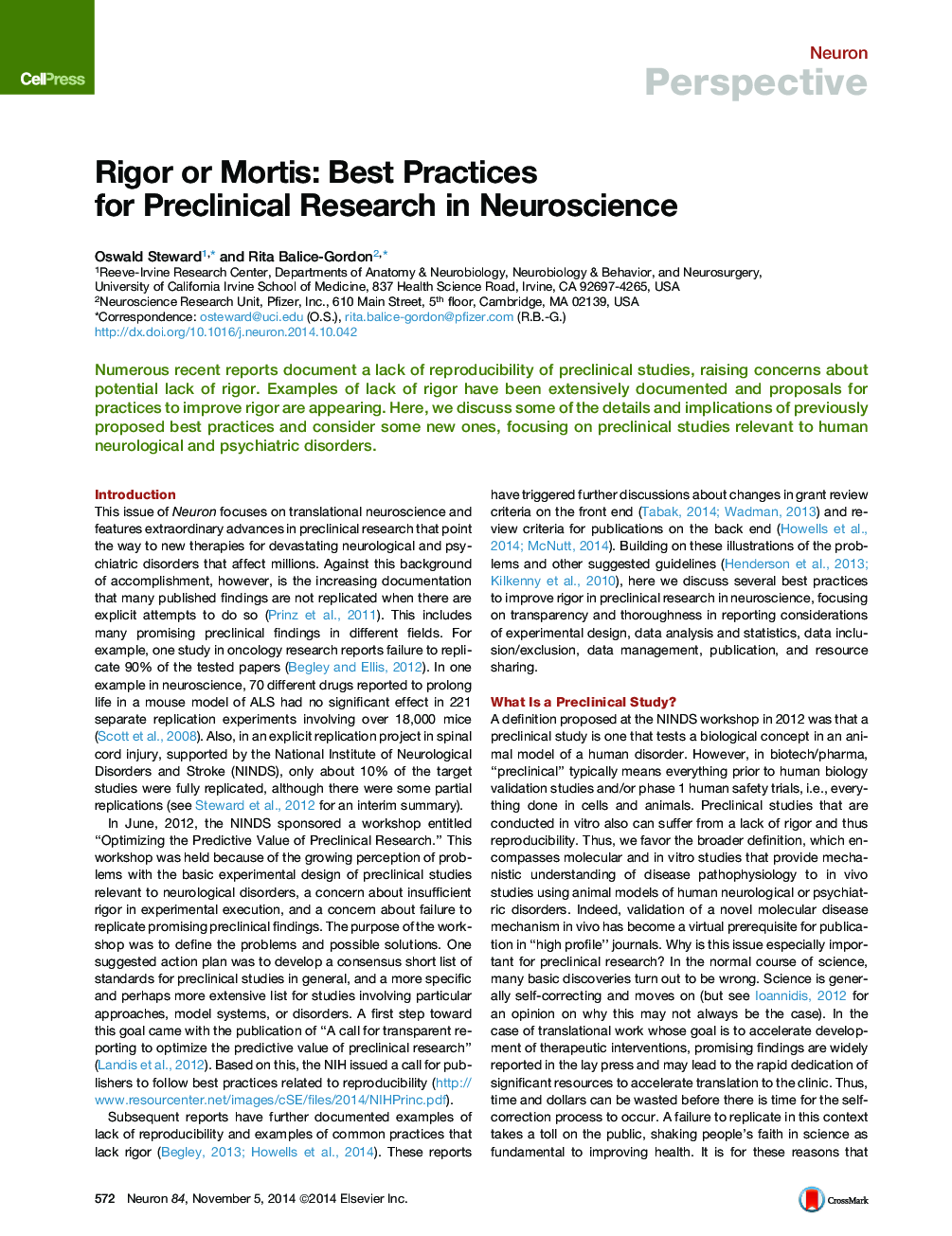 Rigor or Mortis: Best Practices for Preclinical Research in Neuroscience