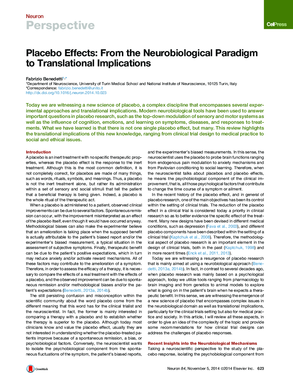 Placebo Effects: From the Neurobiological Paradigm to Translational Implications