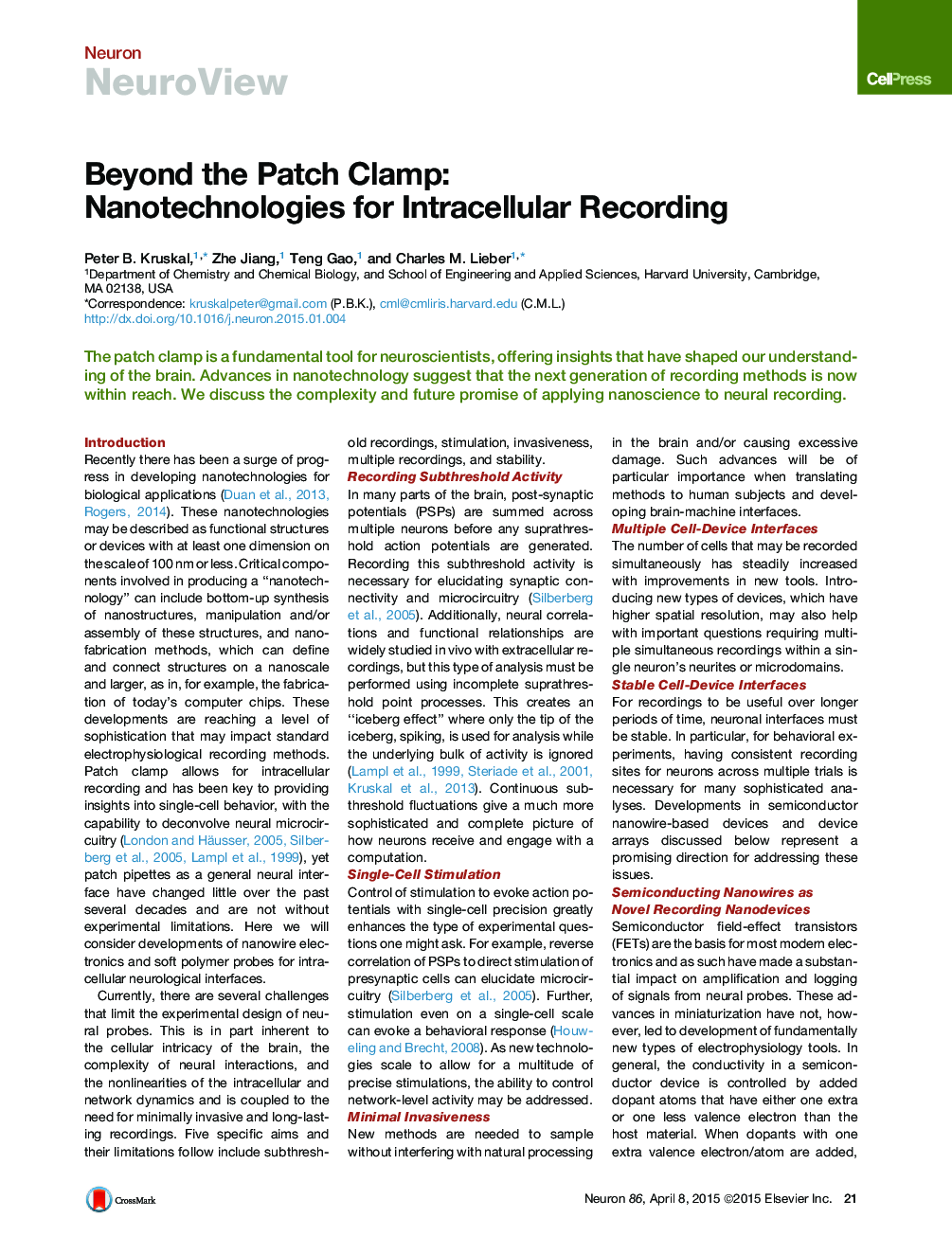 Beyond the Patch Clamp: Nanotechnologies for Intracellular Recording