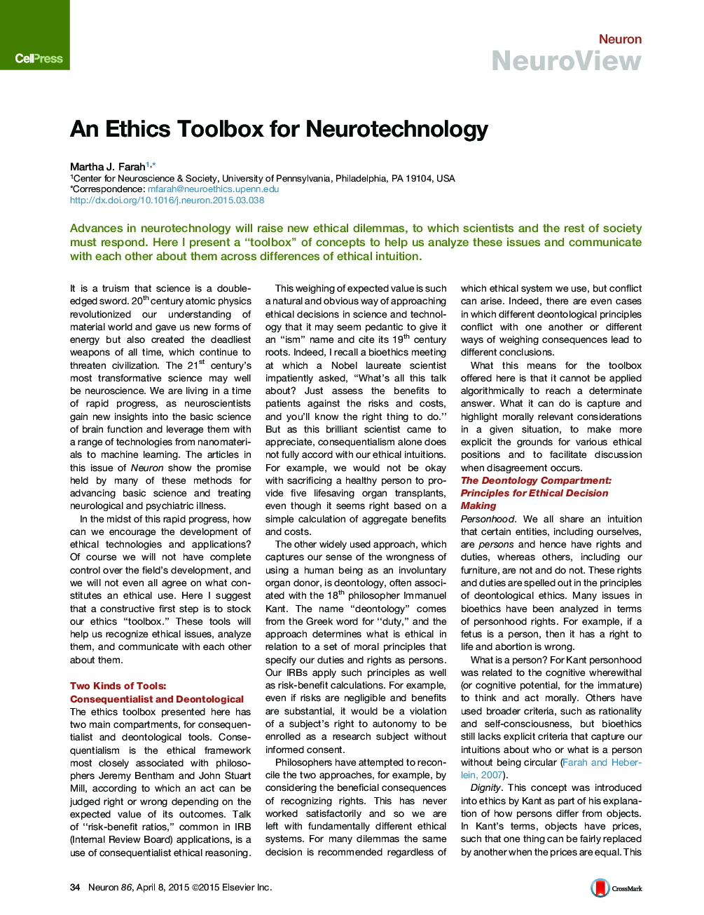 An Ethics Toolbox for Neurotechnology