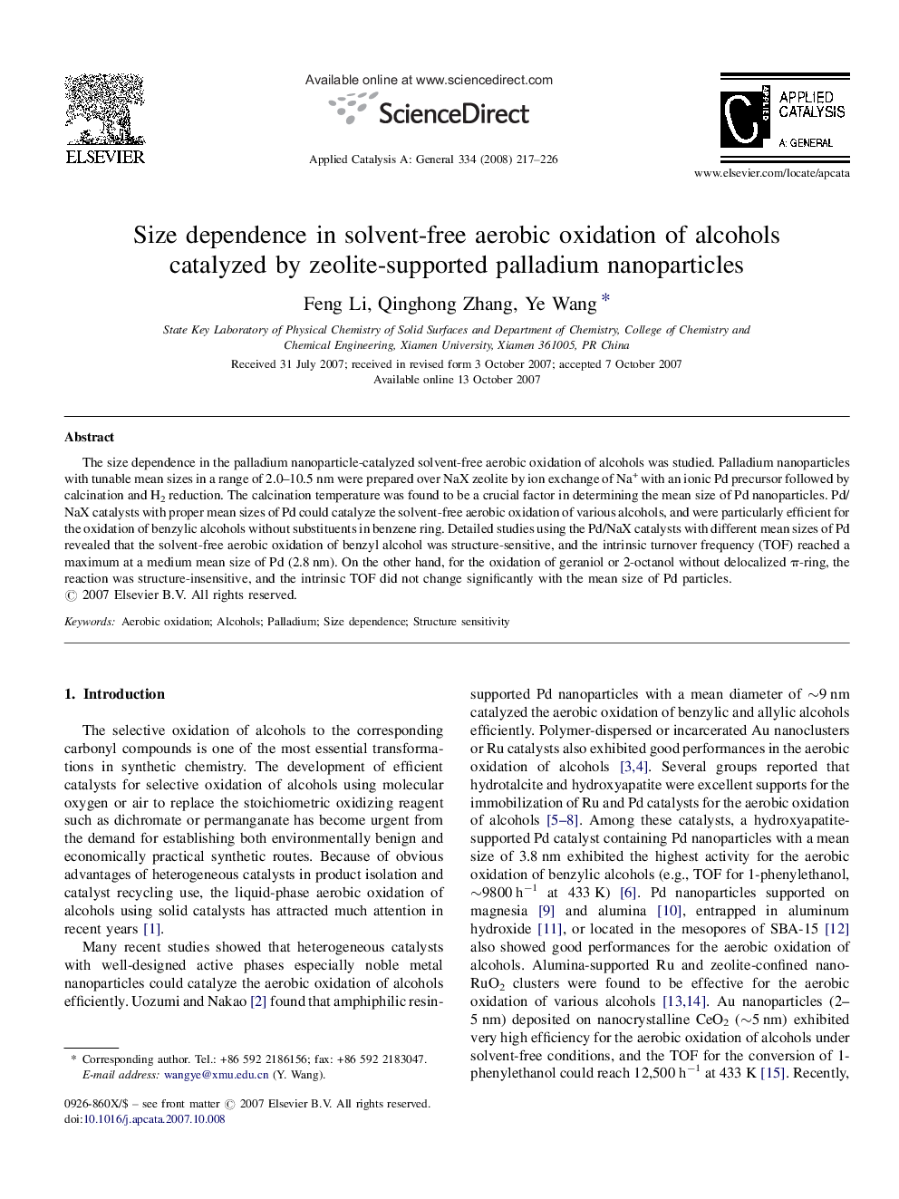 Size dependence in solvent-free aerobic oxidation of alcohols catalyzed by zeolite-supported palladium nanoparticles