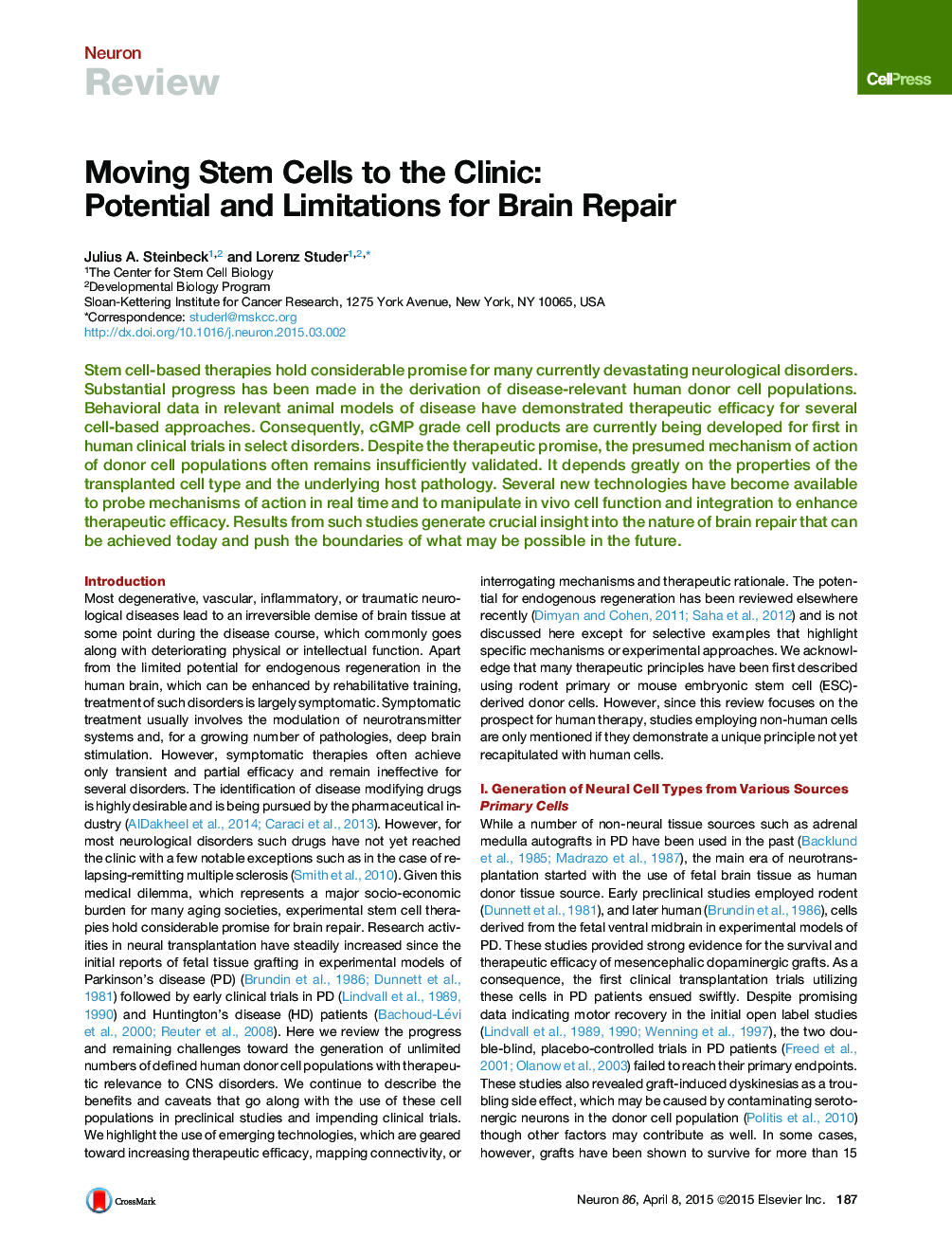 Moving Stem Cells to the Clinic: Potential and Limitations for Brain Repair