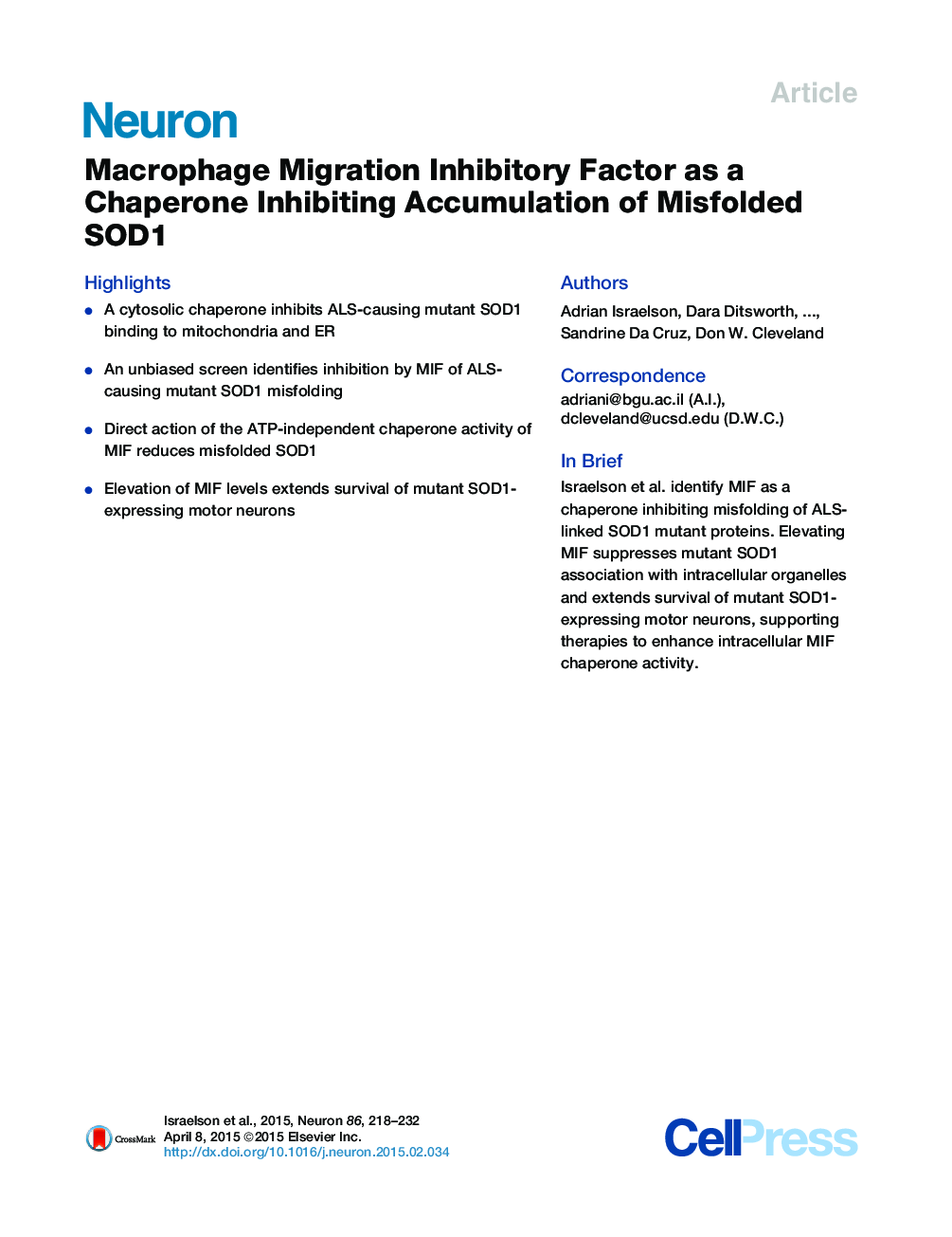 Macrophage Migration Inhibitory Factor as a Chaperone Inhibiting Accumulation of Misfolded SOD1