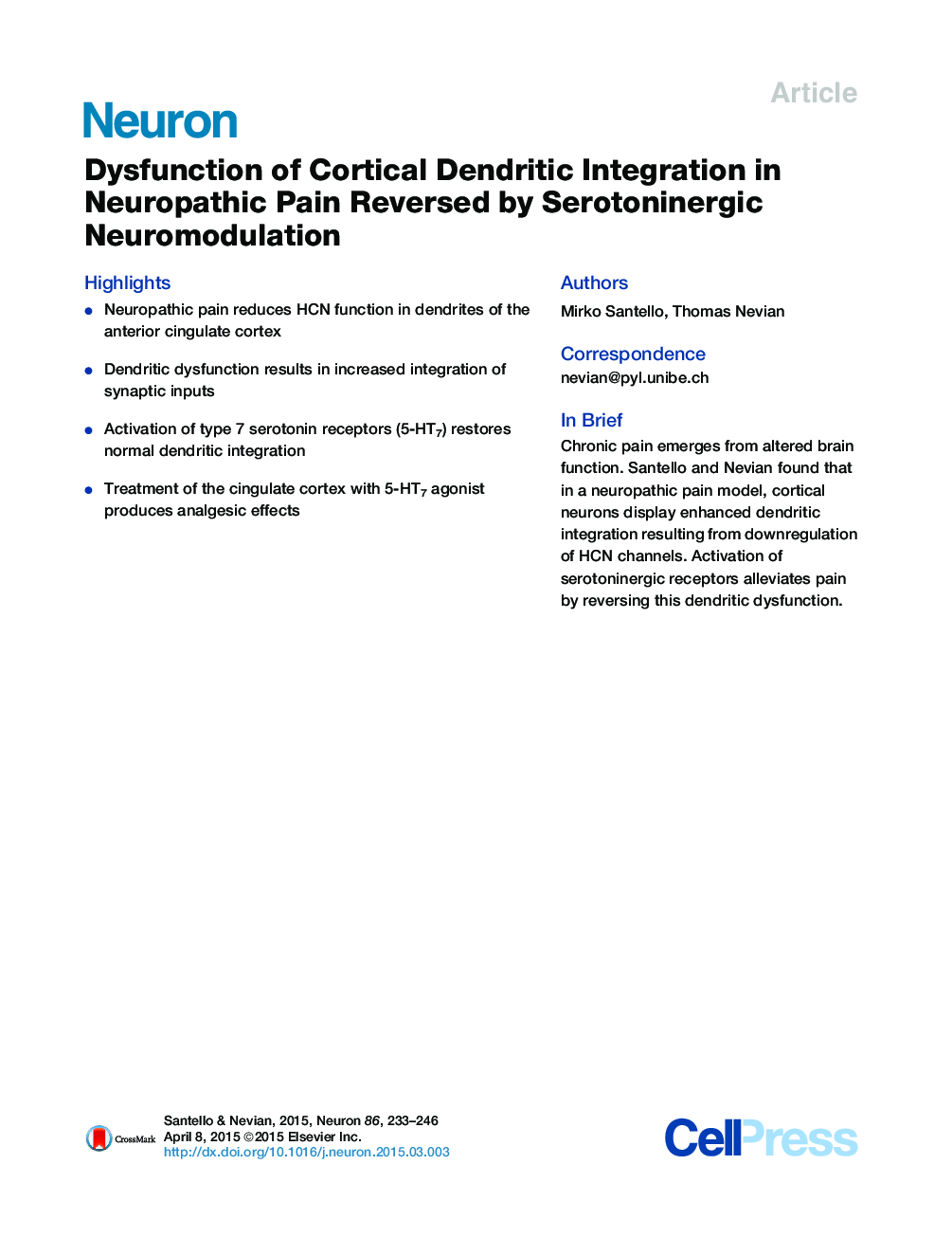 Dysfunction of Cortical Dendritic Integration in Neuropathic Pain Reversed by Serotoninergic Neuromodulation