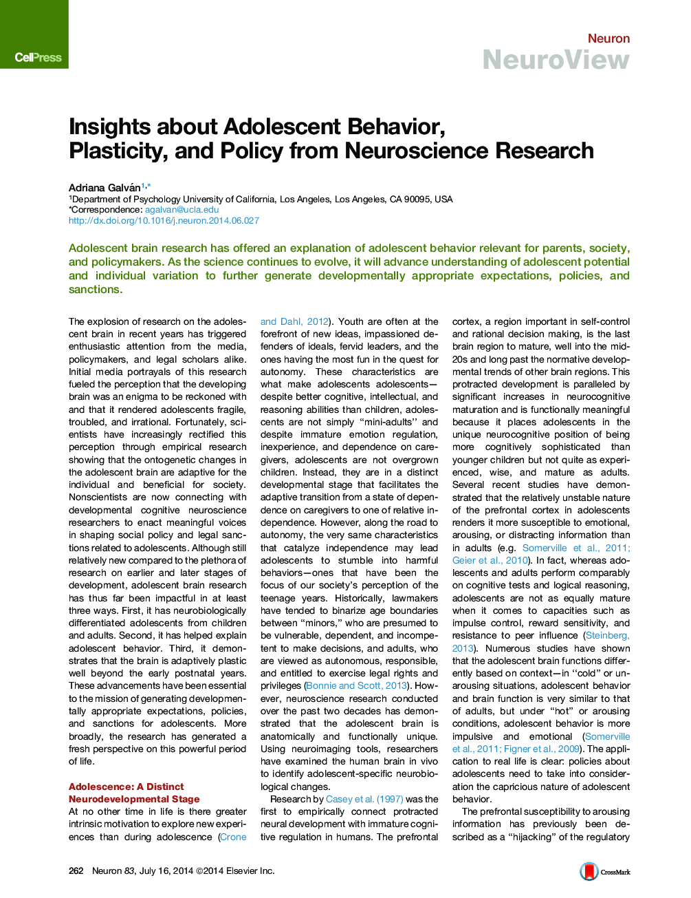 Insights about Adolescent Behavior, Plasticity, and Policy from Neuroscience Research