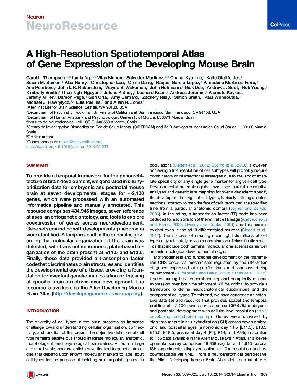 A High-Resolution Spatiotemporal Atlas of Gene Expression of the Developing Mouse Brain