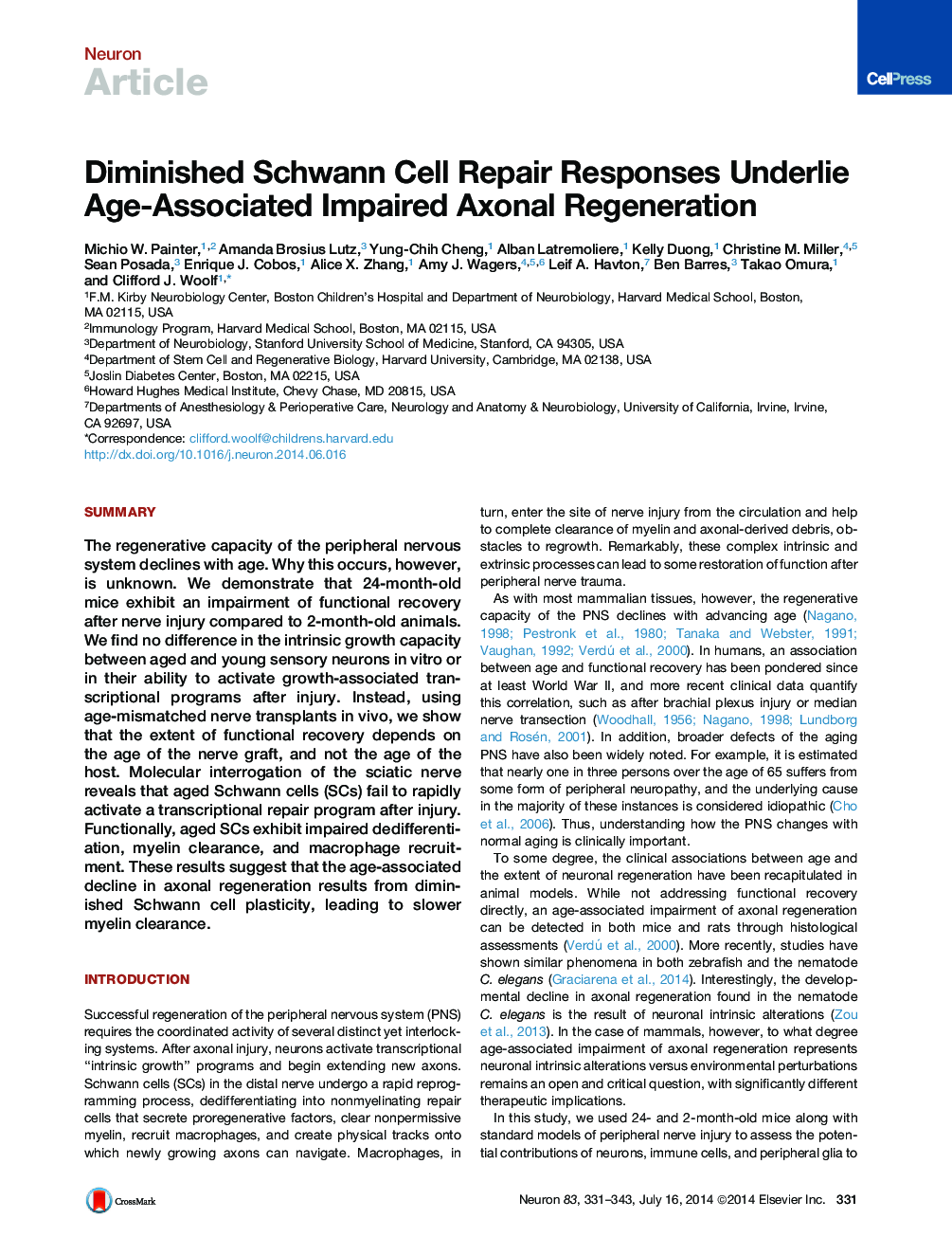 Diminished Schwann Cell Repair Responses Underlie Age-Associated Impaired Axonal Regeneration