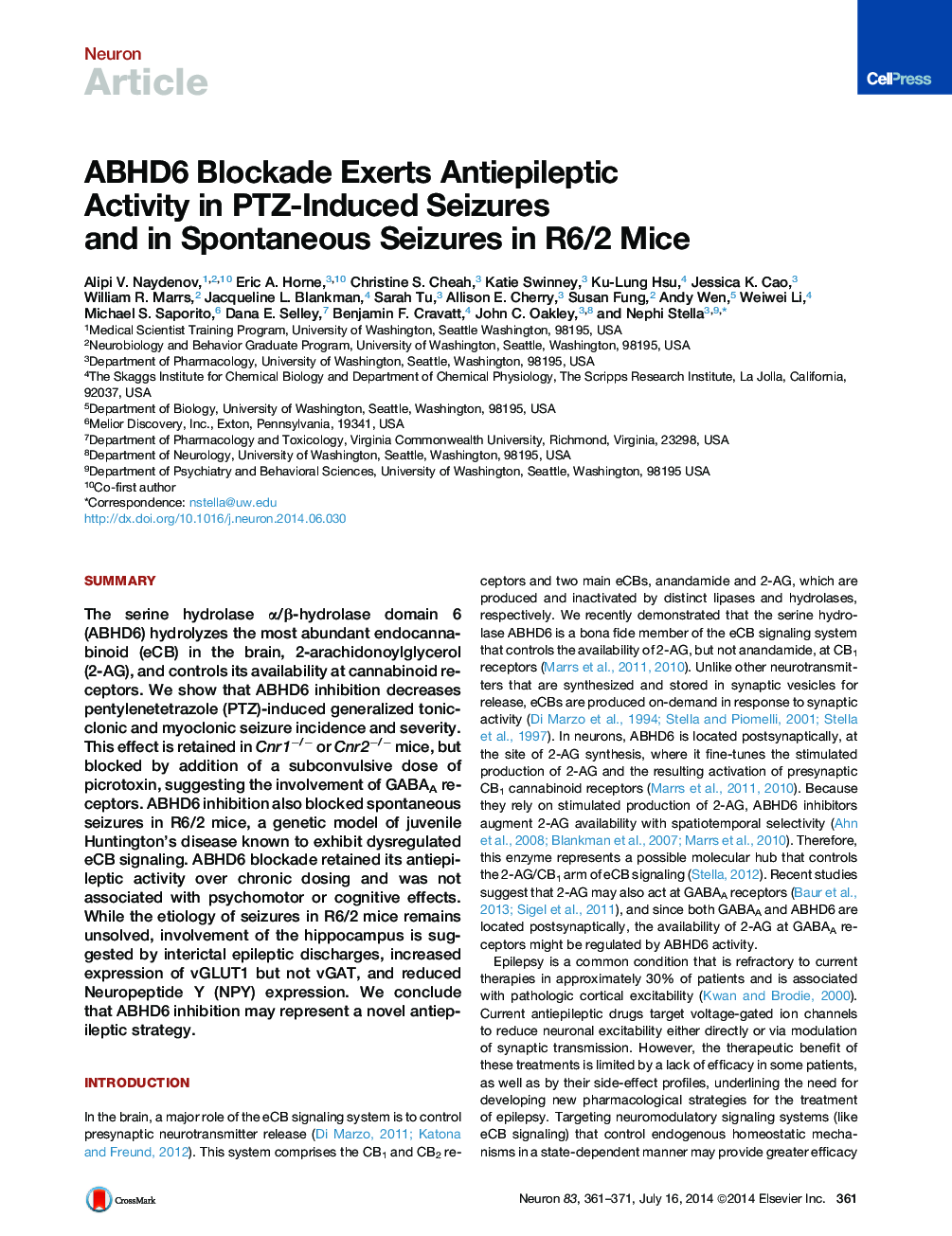 ABHD6 Blockade Exerts Antiepileptic Activity in PTZ-Induced Seizures and in Spontaneous Seizures in R6/2 Mice