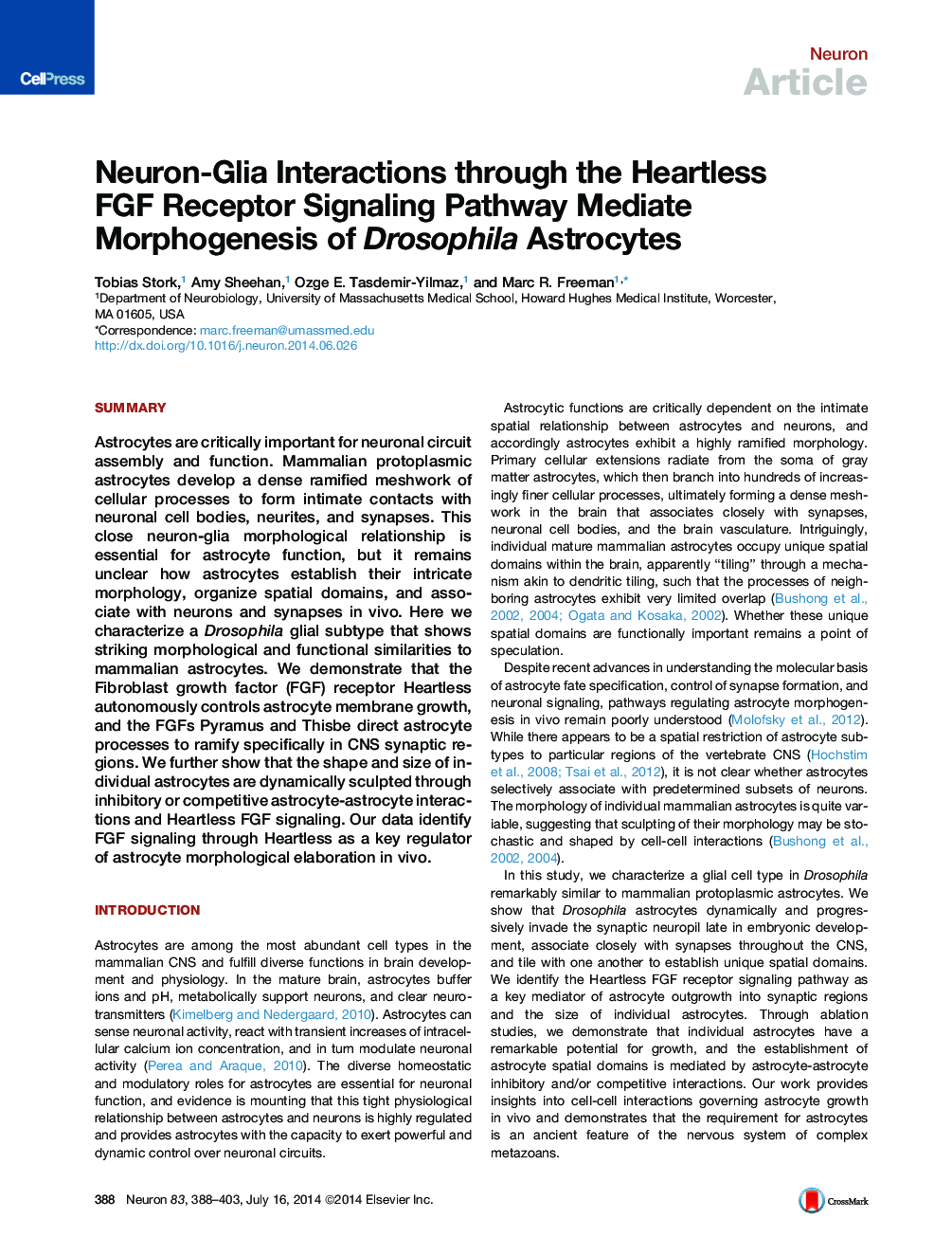 Neuron-Glia Interactions through the Heartless FGF Receptor Signaling Pathway Mediate Morphogenesis of Drosophila Astrocytes