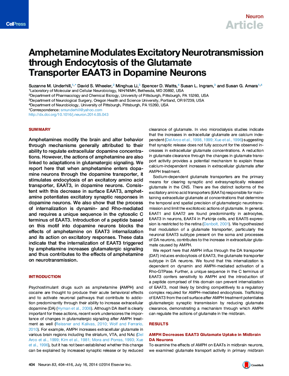 Amphetamine Modulates Excitatory Neurotransmission through Endocytosis of the Glutamate Transporter EAAT3 in Dopamine Neurons