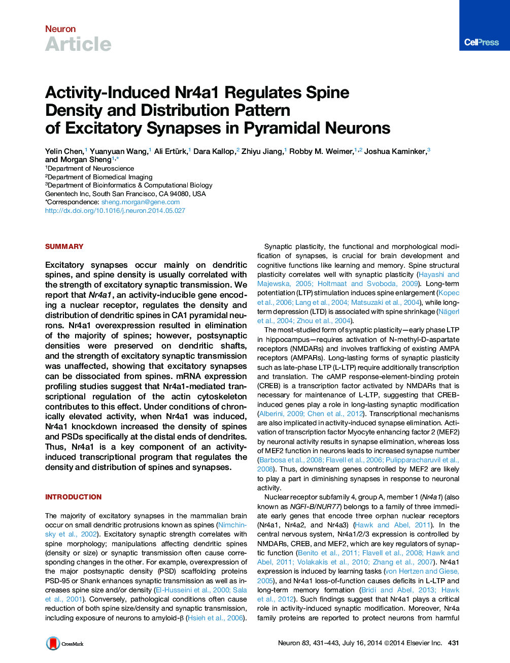 Activity-Induced Nr4a1 Regulates Spine Density and Distribution Pattern of Excitatory Synapses in Pyramidal Neurons