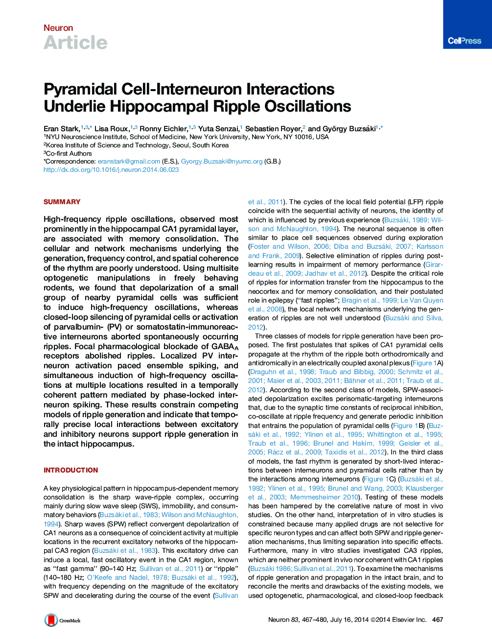 Pyramidal Cell-Interneuron Interactions Underlie Hippocampal Ripple Oscillations