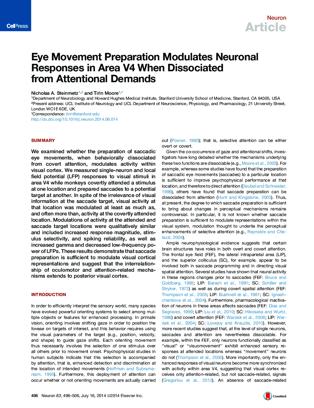 Eye Movement Preparation Modulates Neuronal Responses in Area V4 When Dissociated from Attentional Demands