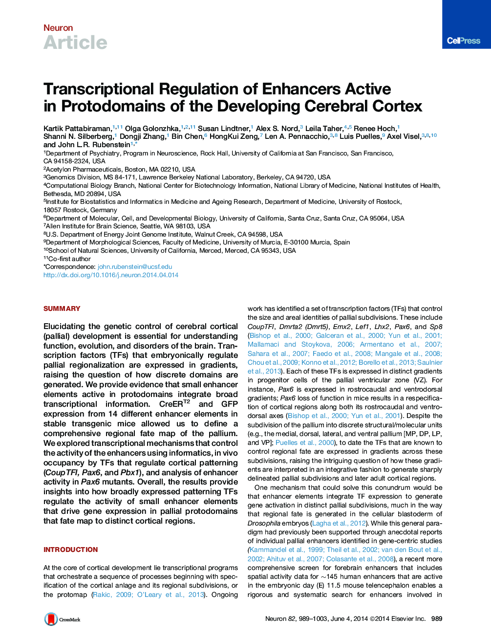 Transcriptional Regulation of Enhancers Active in Protodomains of the Developing Cerebral Cortex