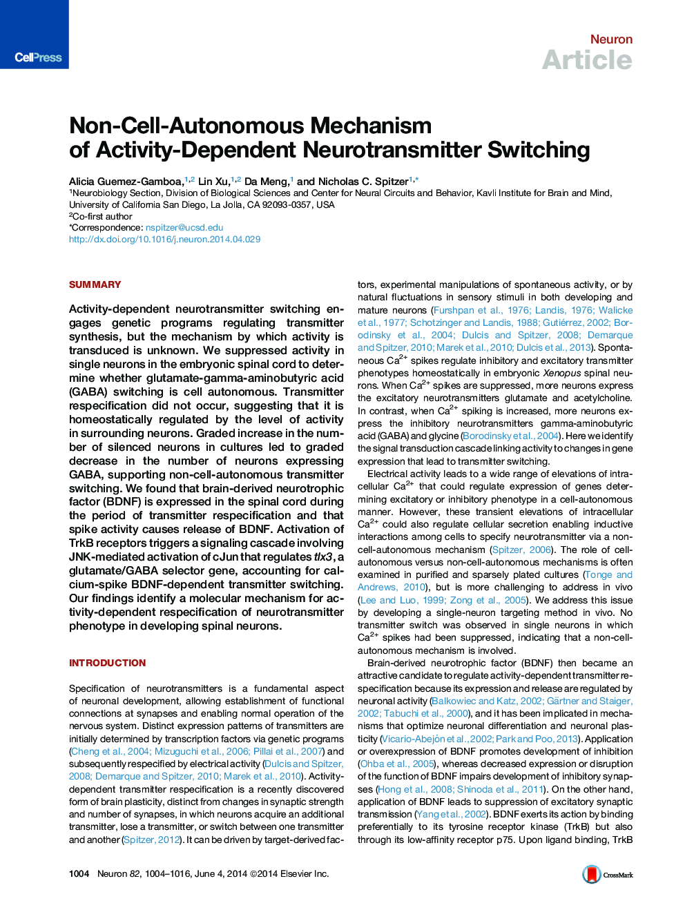 Non-Cell-Autonomous Mechanism of Activity-Dependent Neurotransmitter Switching