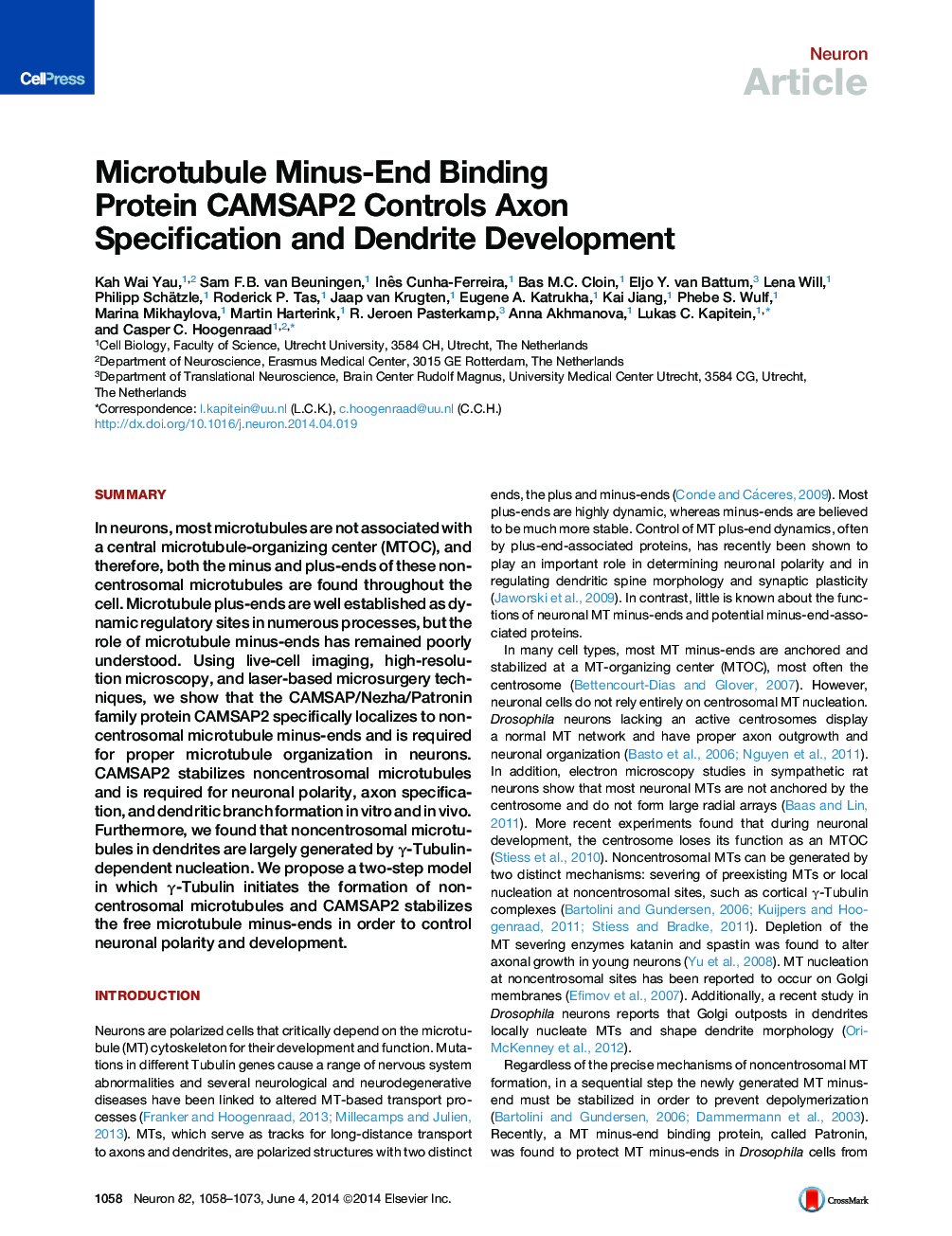 Microtubule Minus-End Binding Protein CAMSAP2 Controls Axon Specification and Dendrite Development
