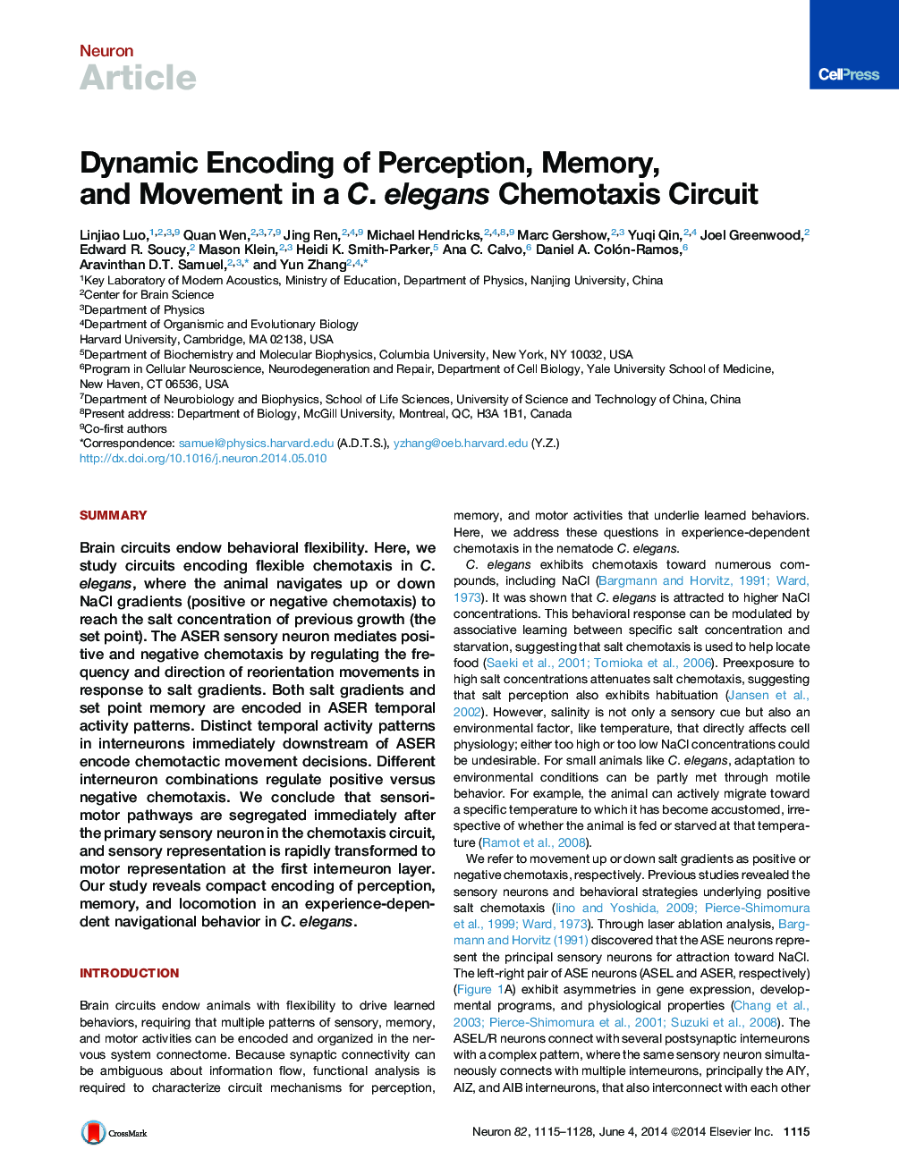 Dynamic Encoding of Perception, Memory, and Movement in a C. elegans Chemotaxis Circuit