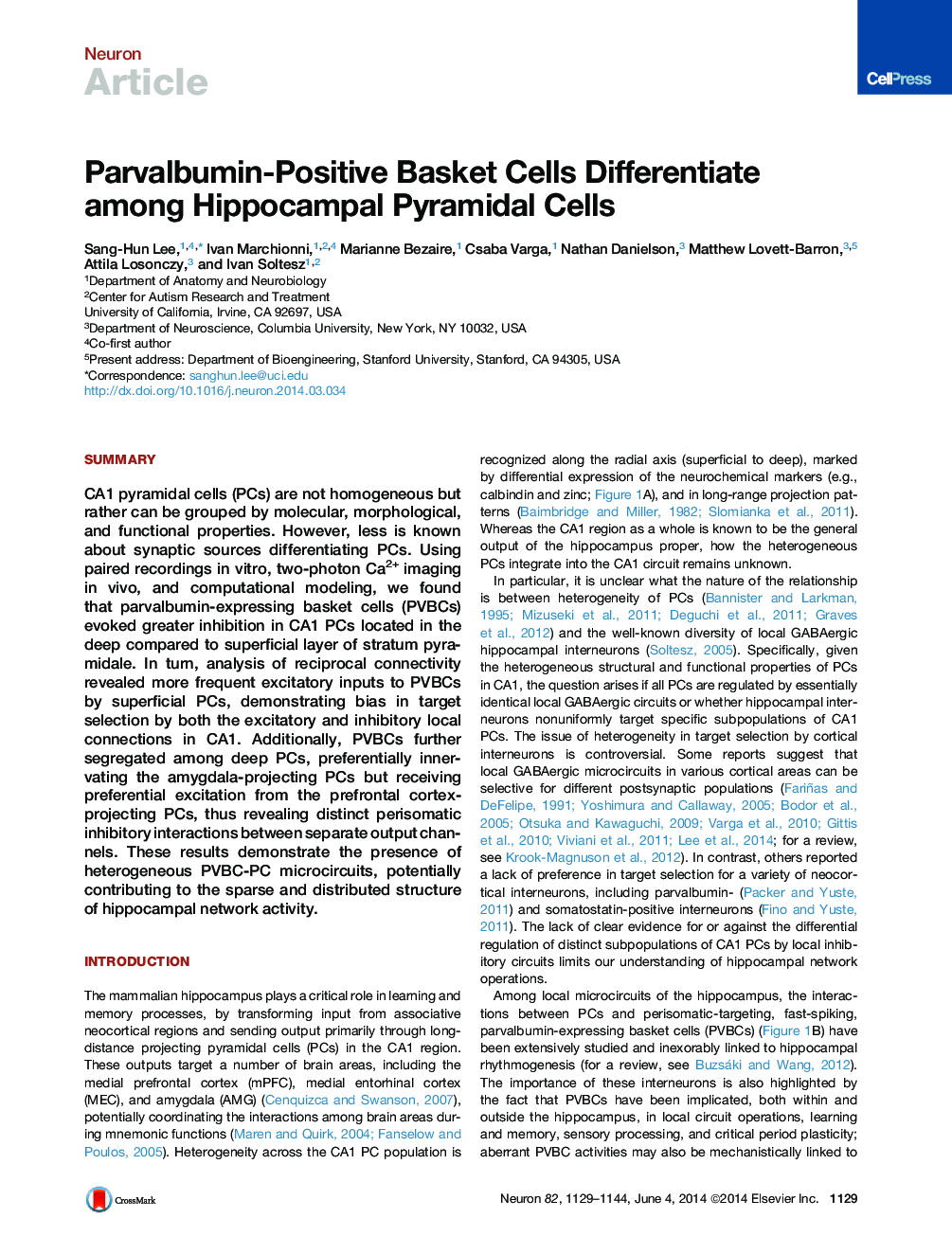 Parvalbumin-Positive Basket Cells Differentiate among Hippocampal Pyramidal Cells