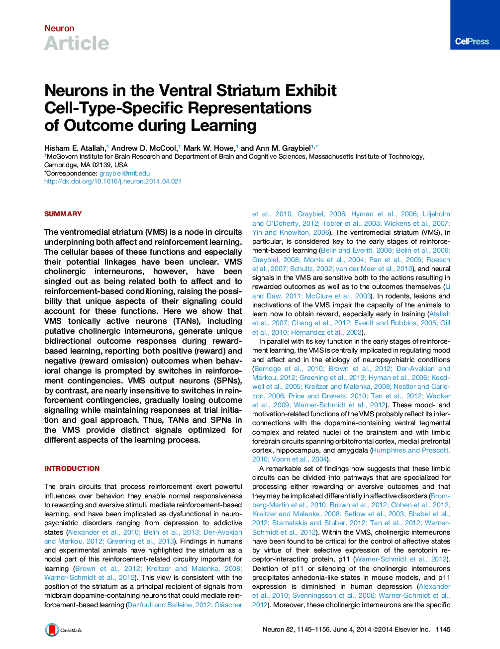 Neurons in the Ventral Striatum Exhibit Cell-Type-Specific Representations of Outcome during Learning