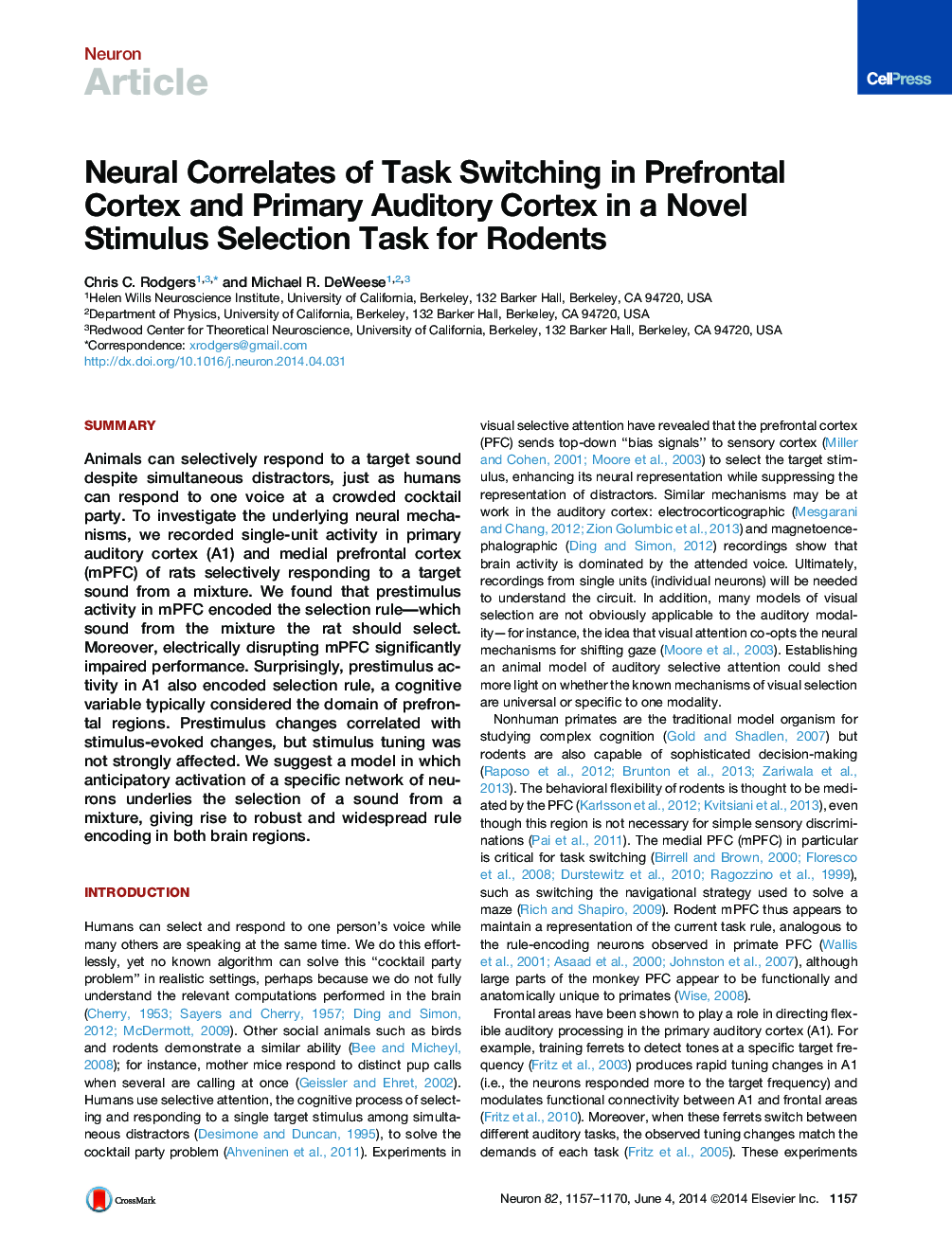 Neural Correlates of Task Switching in Prefrontal Cortex and Primary Auditory Cortex in a Novel Stimulus Selection Task for Rodents