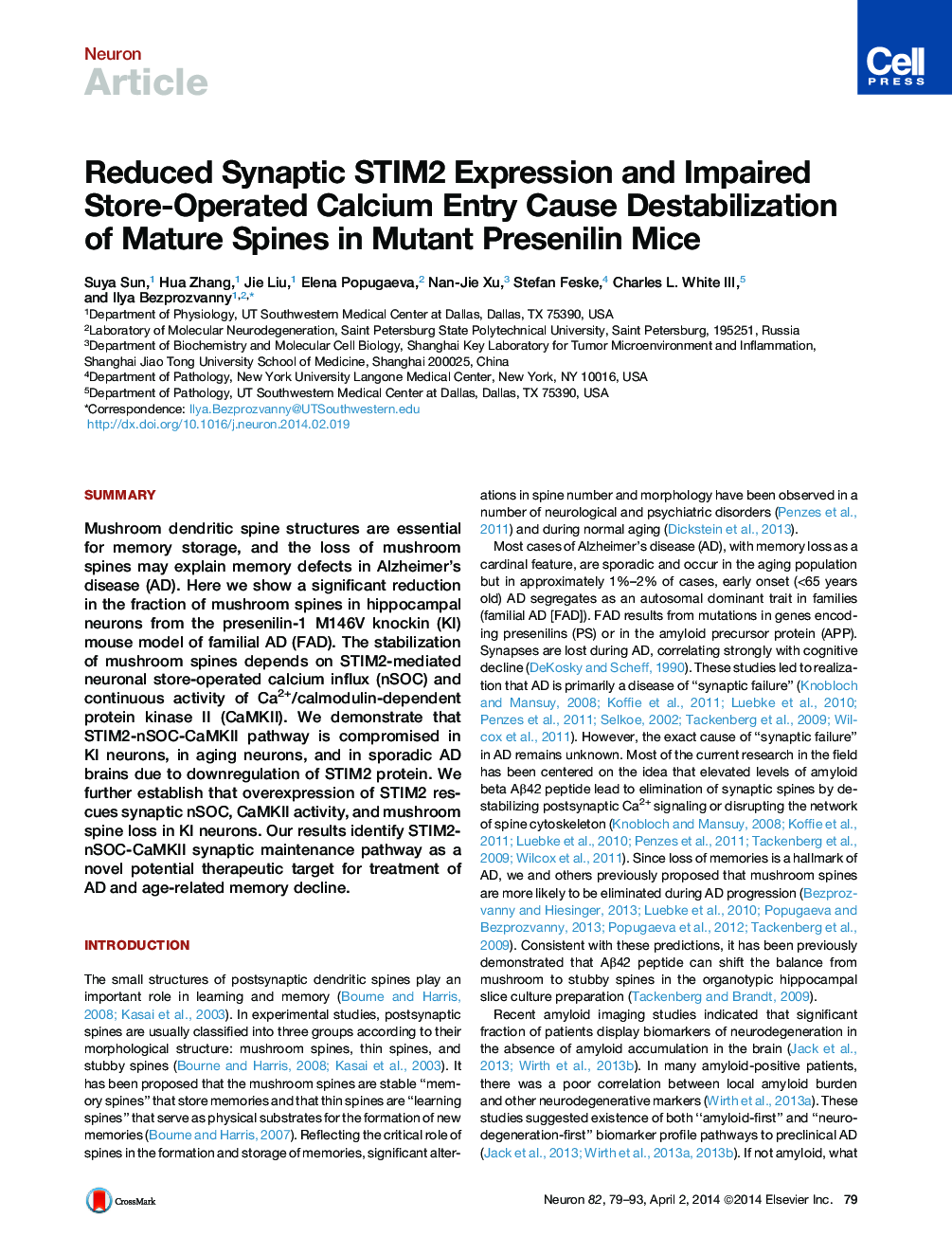 Reduced Synaptic STIM2 Expression and Impaired Store-Operated Calcium Entry Cause Destabilization of Mature Spines in Mutant Presenilin Mice