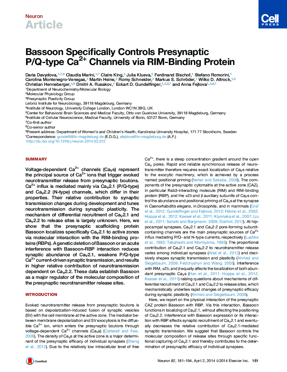 Bassoon Specifically Controls Presynaptic P/Q-type Ca2+ Channels via RIM-Binding Protein