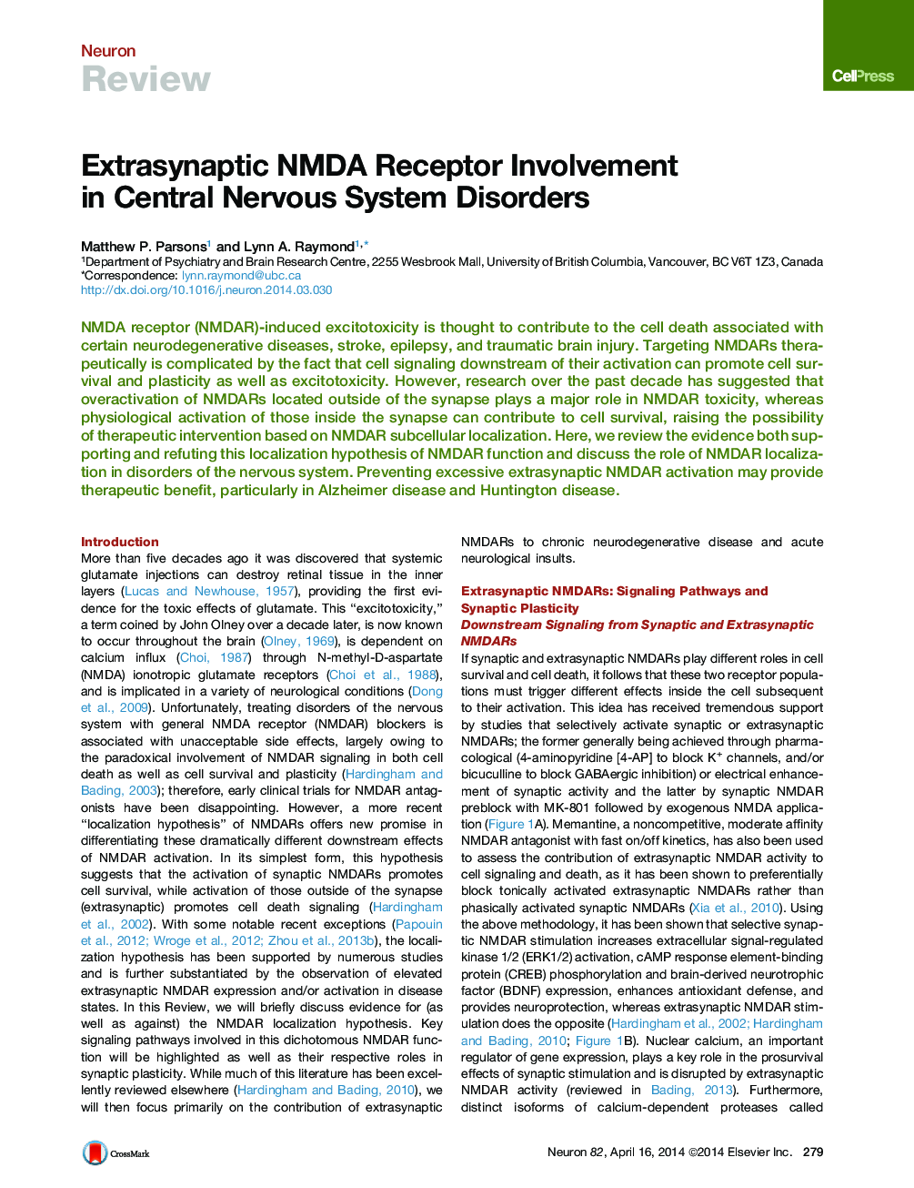 Extrasynaptic NMDA Receptor Involvement in Central Nervous System Disorders