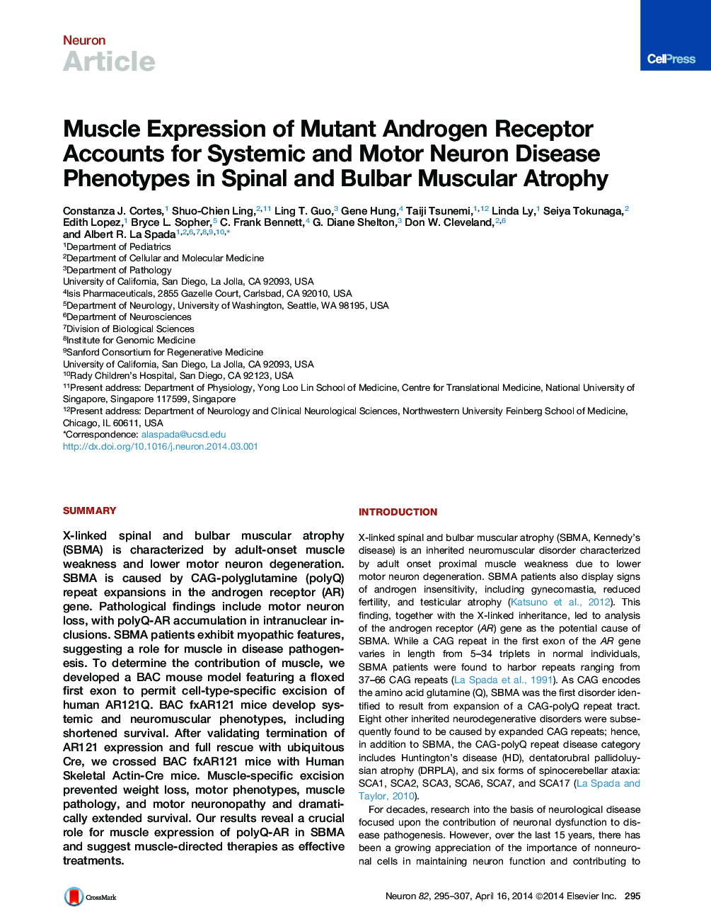 Muscle Expression of Mutant Androgen Receptor Accounts for Systemic and Motor Neuron Disease Phenotypes in Spinal and Bulbar Muscular Atrophy