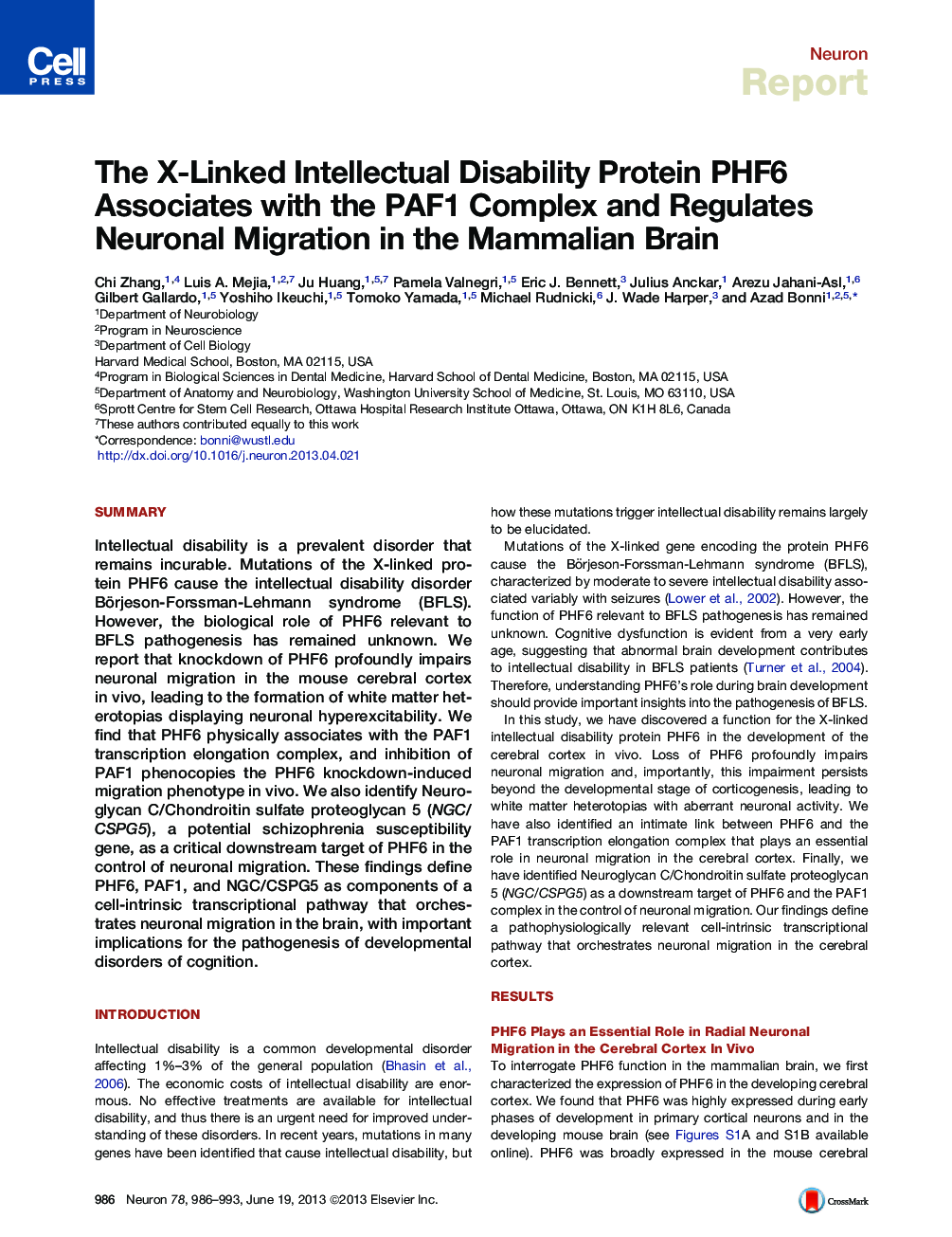The X-Linked Intellectual Disability Protein PHF6 Associates with the PAF1 Complex and Regulates Neuronal Migration in the Mammalian Brain