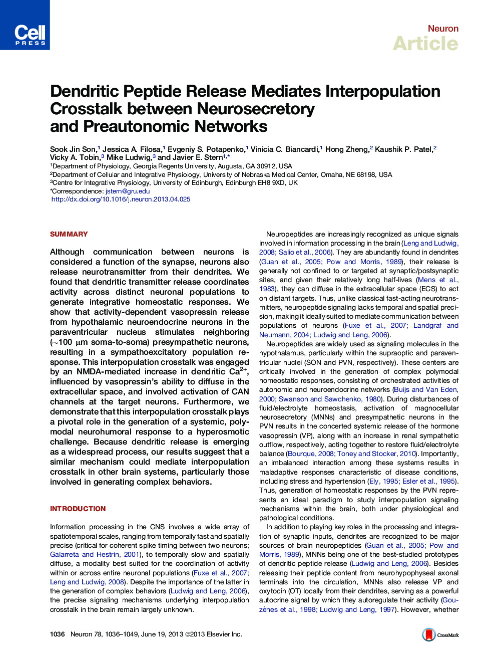 Dendritic Peptide Release Mediates Interpopulation Crosstalk between Neurosecretory and Preautonomic Networks