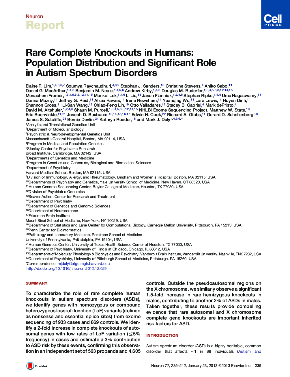 Rare Complete Knockouts in Humans: Population Distribution and Significant Role in Autism Spectrum Disorders