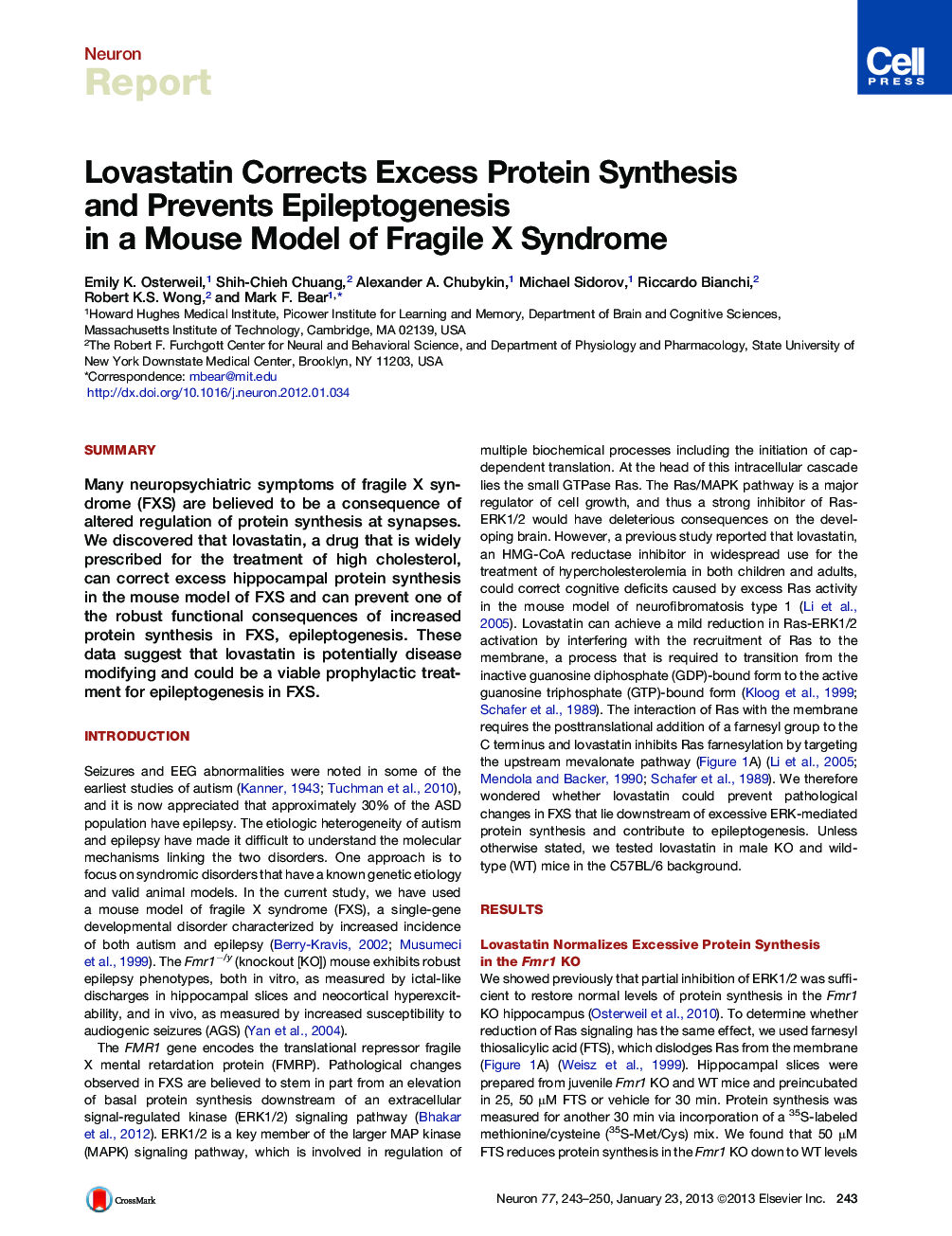 Lovastatin Corrects Excess Protein Synthesis and Prevents Epileptogenesis in a Mouse Model of Fragile X Syndrome
