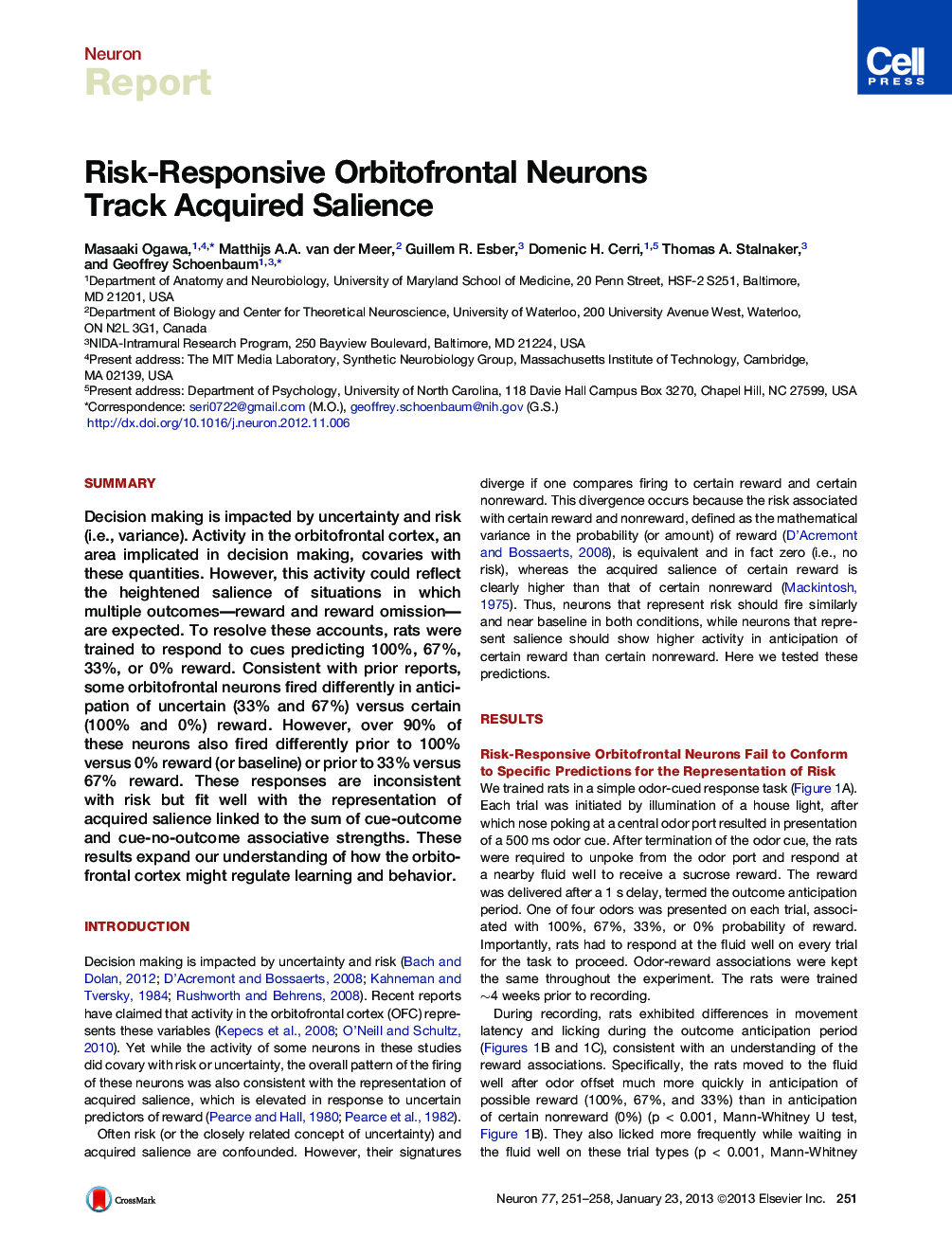 Risk-Responsive Orbitofrontal Neurons Track Acquired Salience